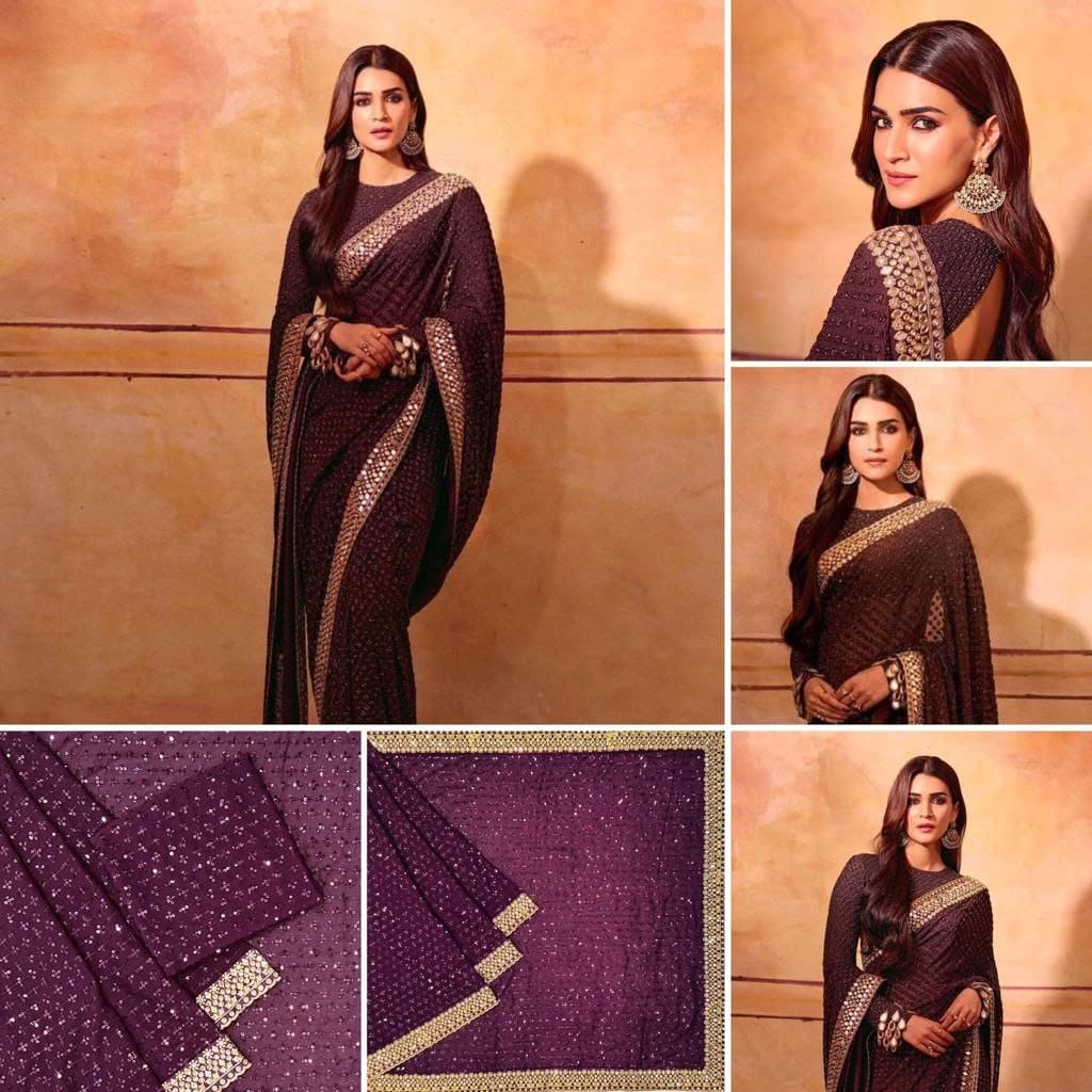 Women's Type Faux Georgette Dark Wine Saree With Blouse