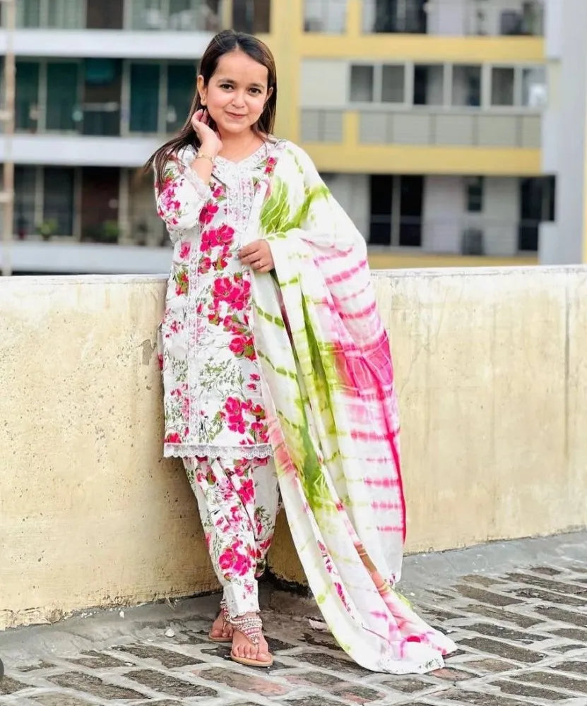 White Japan Satin with Digital Printed Kids Wear