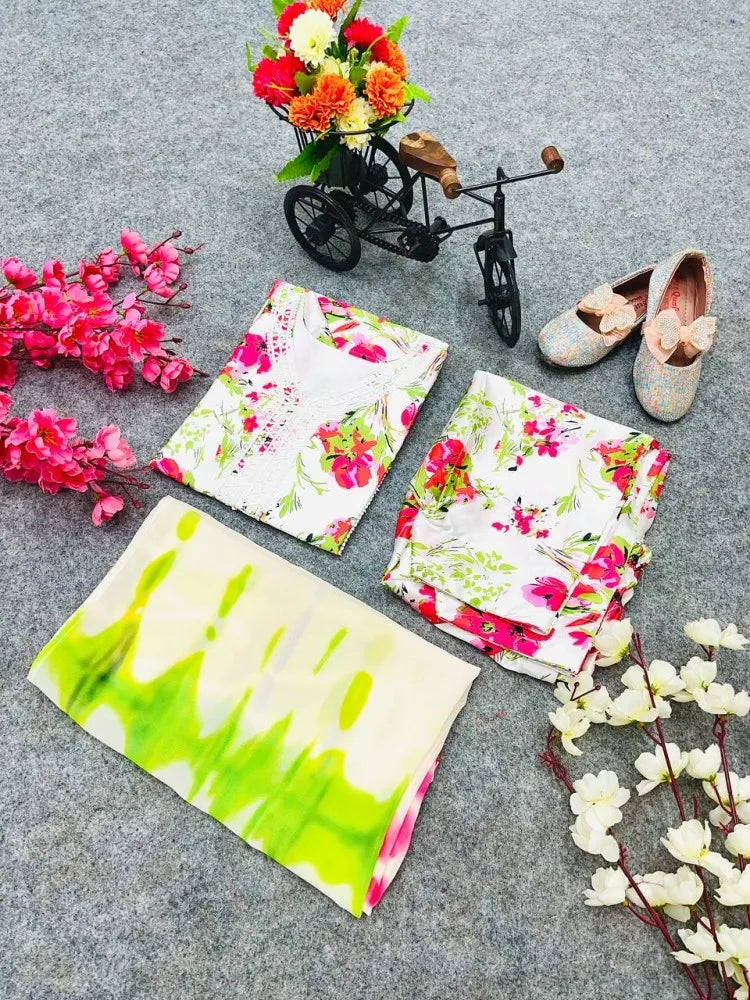 White Japan Satin with Digital Printed Kids Wear