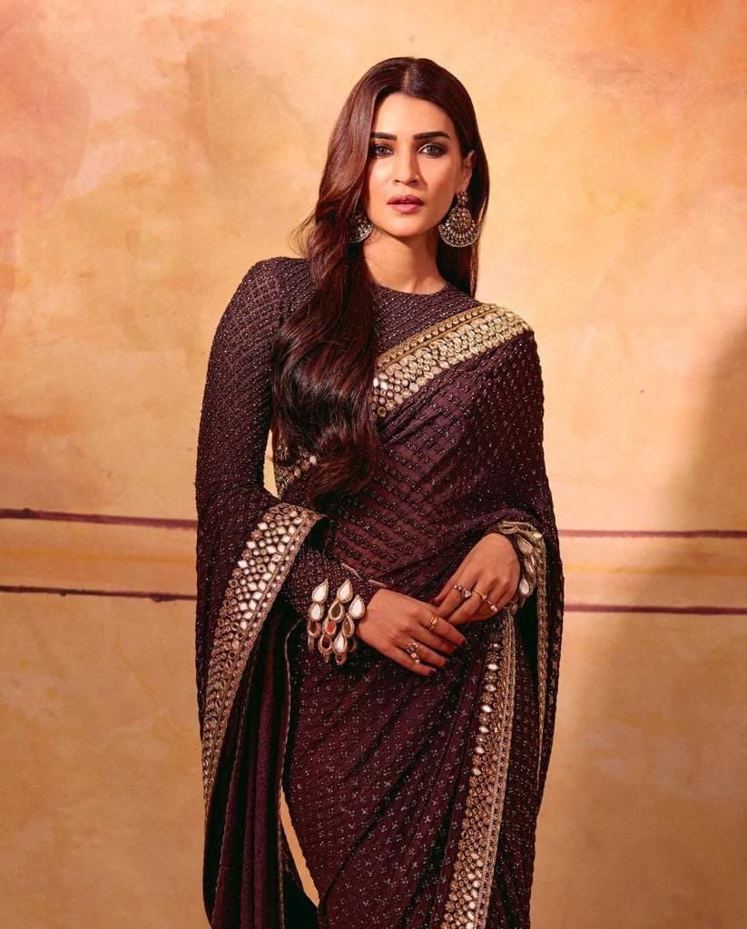 Women's Type Faux Georgette Dark Wine Saree With Blouse