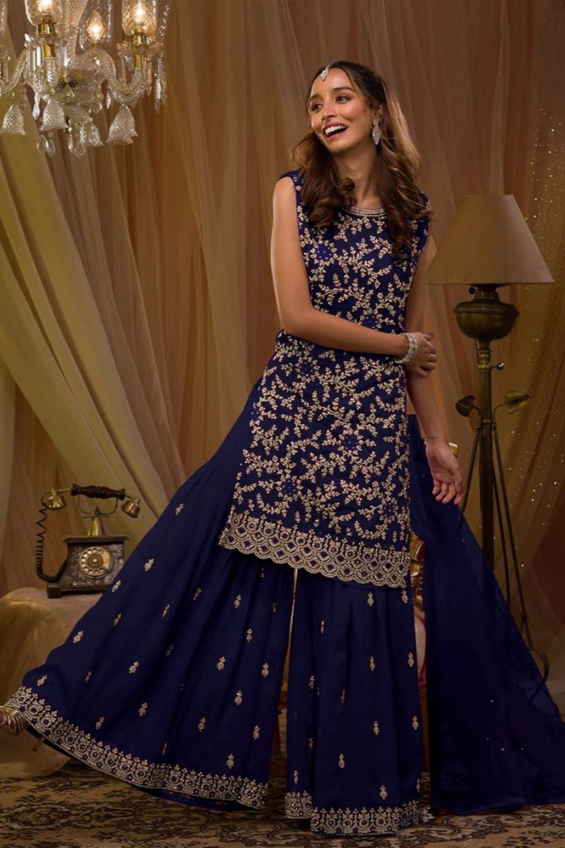 Heavy Blooming Georgette With Embroidery Sequence Work With Stone & Mirror Work&