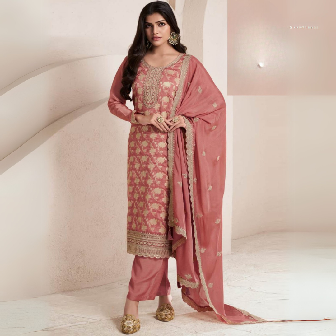 Premium Jacquard Silk Ensemble with Chinon Dupatta