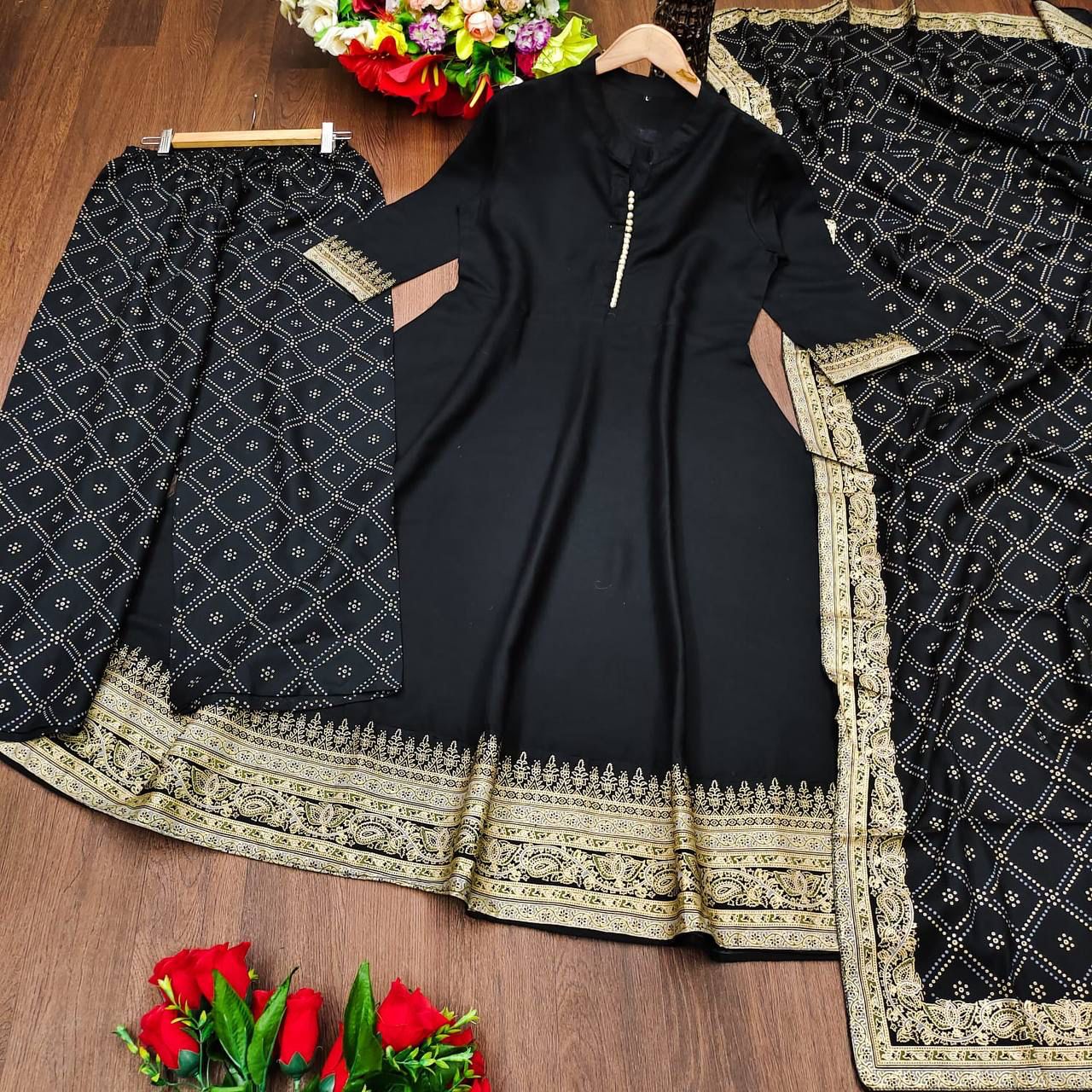 3 Pc Heavy Printed Anarkali Kurti And Full Printed Palazzo And Dupatta