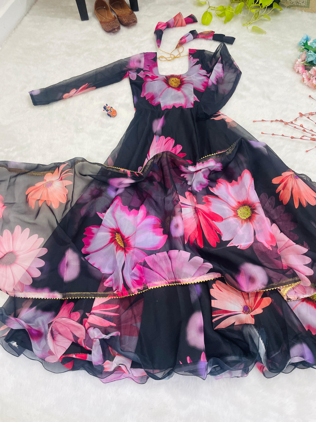 Elegant Party Wear Organza Taby Silk Gown with Dupatta