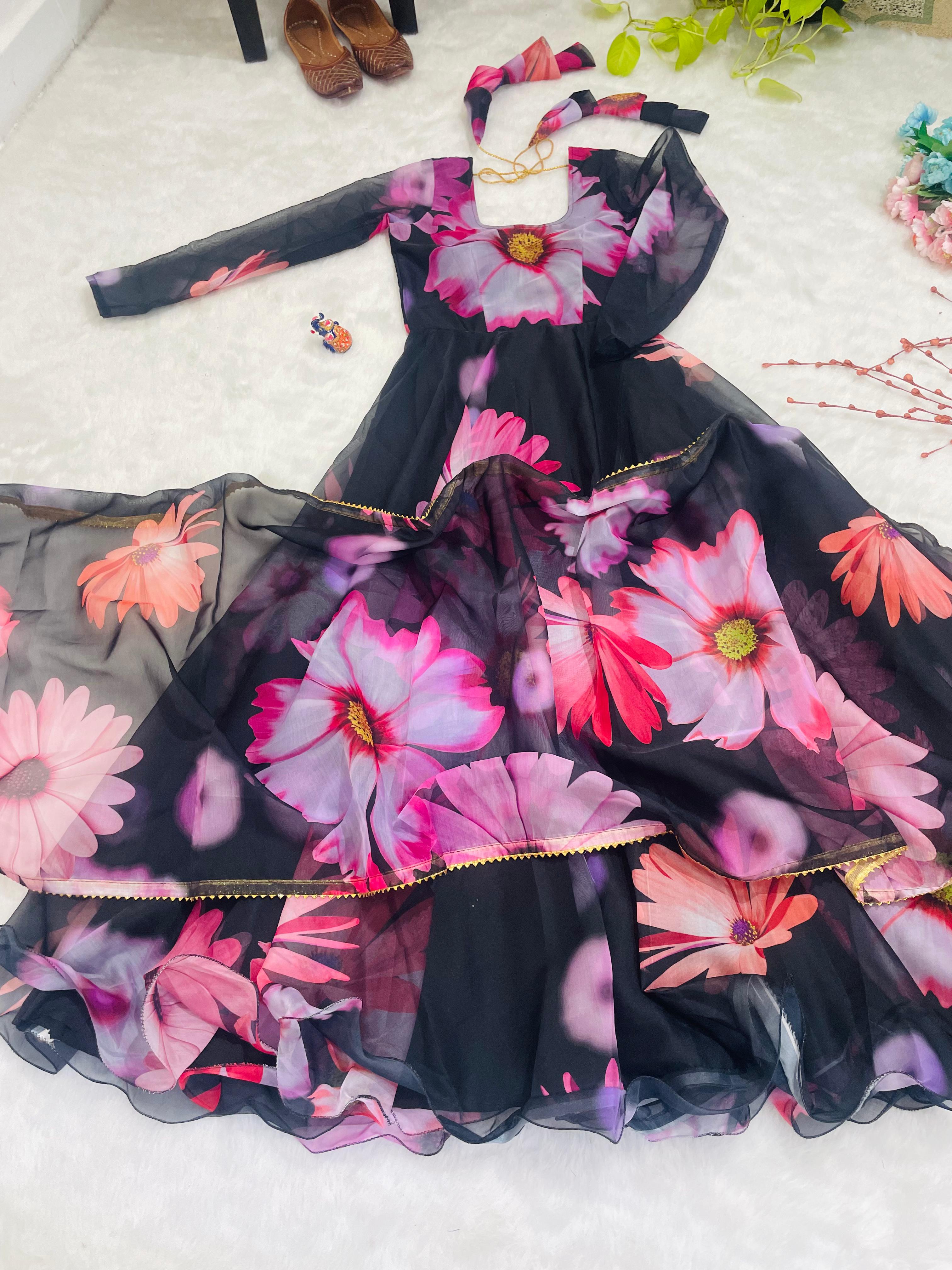 Elegant Party Wear Organza Taby Silk Gown with Dupatta