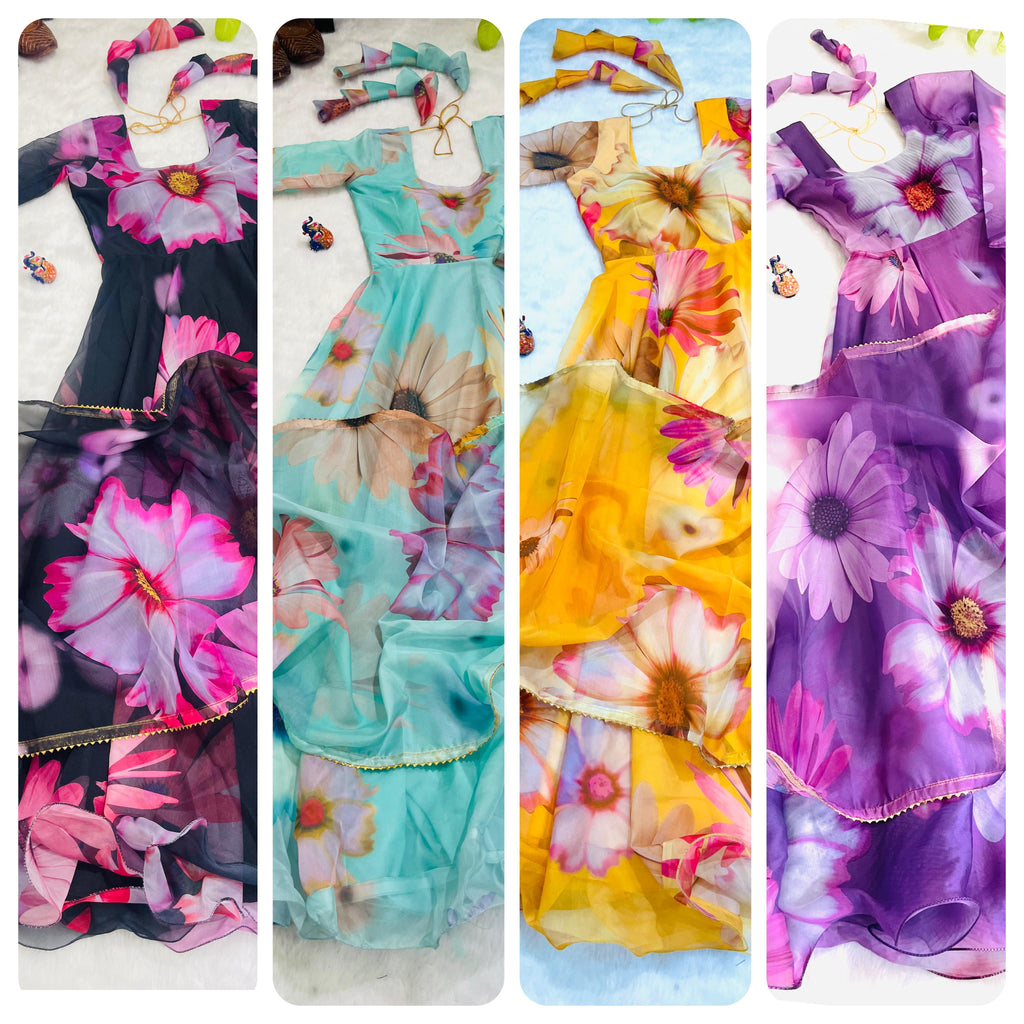 Elegant Party Wear Organza Taby Silk Gown with Dupatta