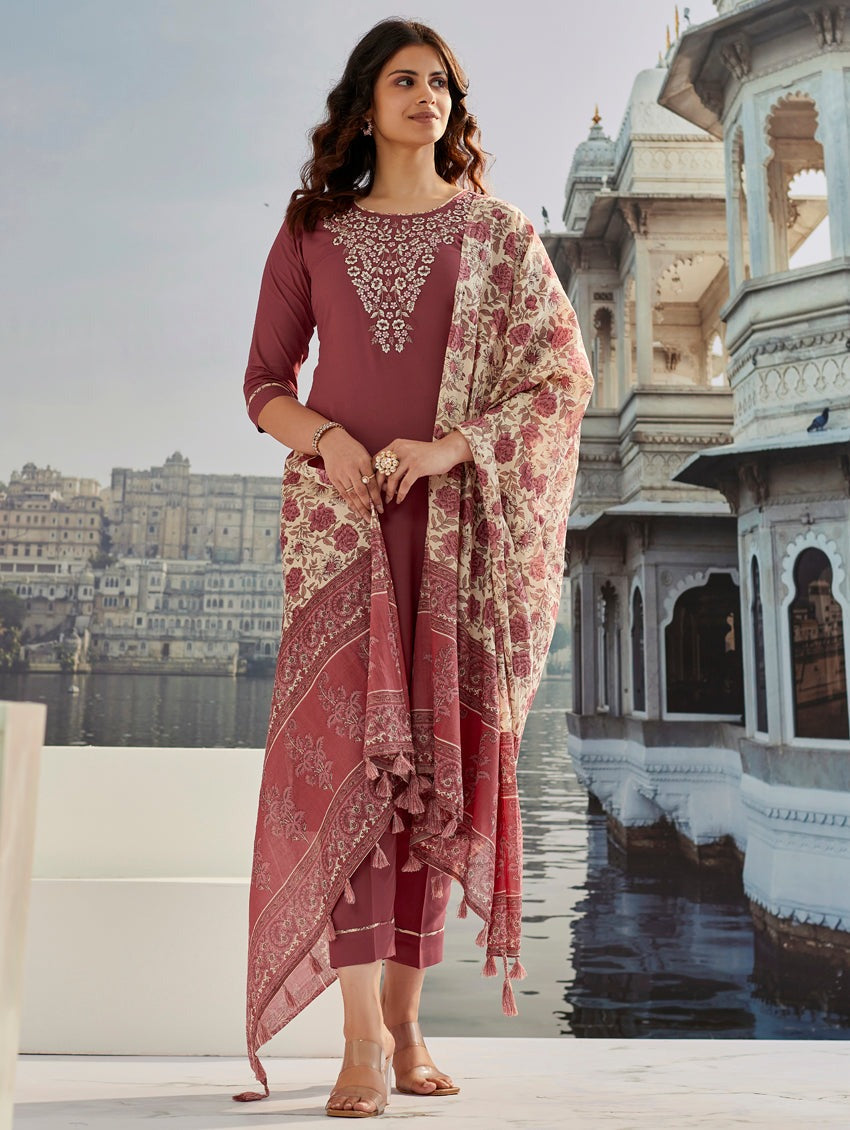 Brown Cotton Silk Embroidered with Print Work Pant Style Suit