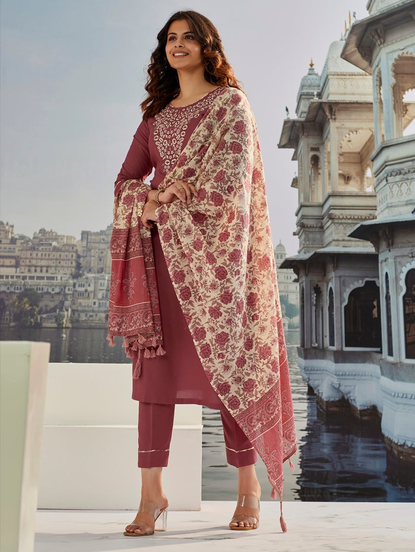 Brown Cotton Silk Embroidered with Print Work Pant Style Suit