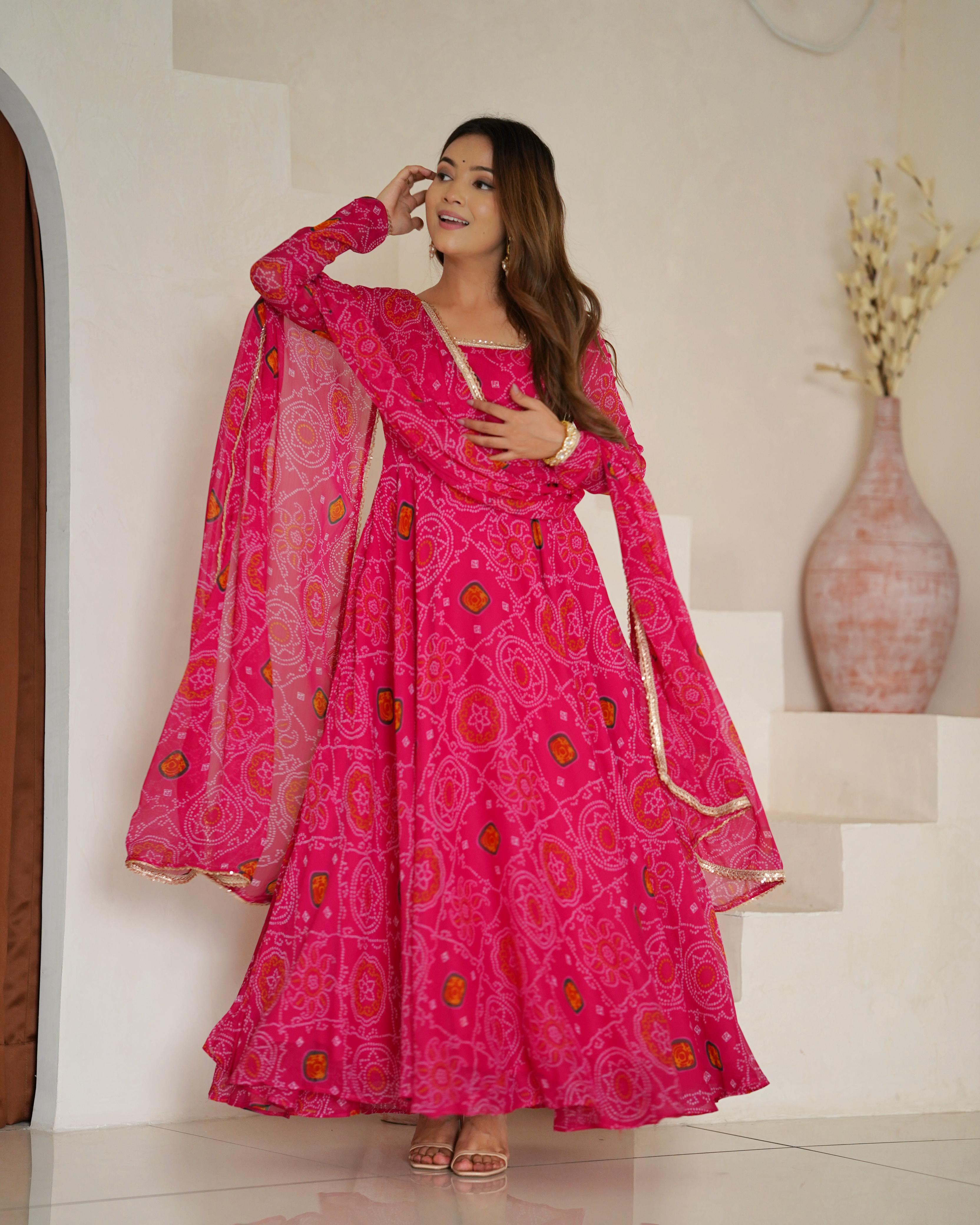 Pure Soft Chiffon Bandhej Anarkali Gown Set
