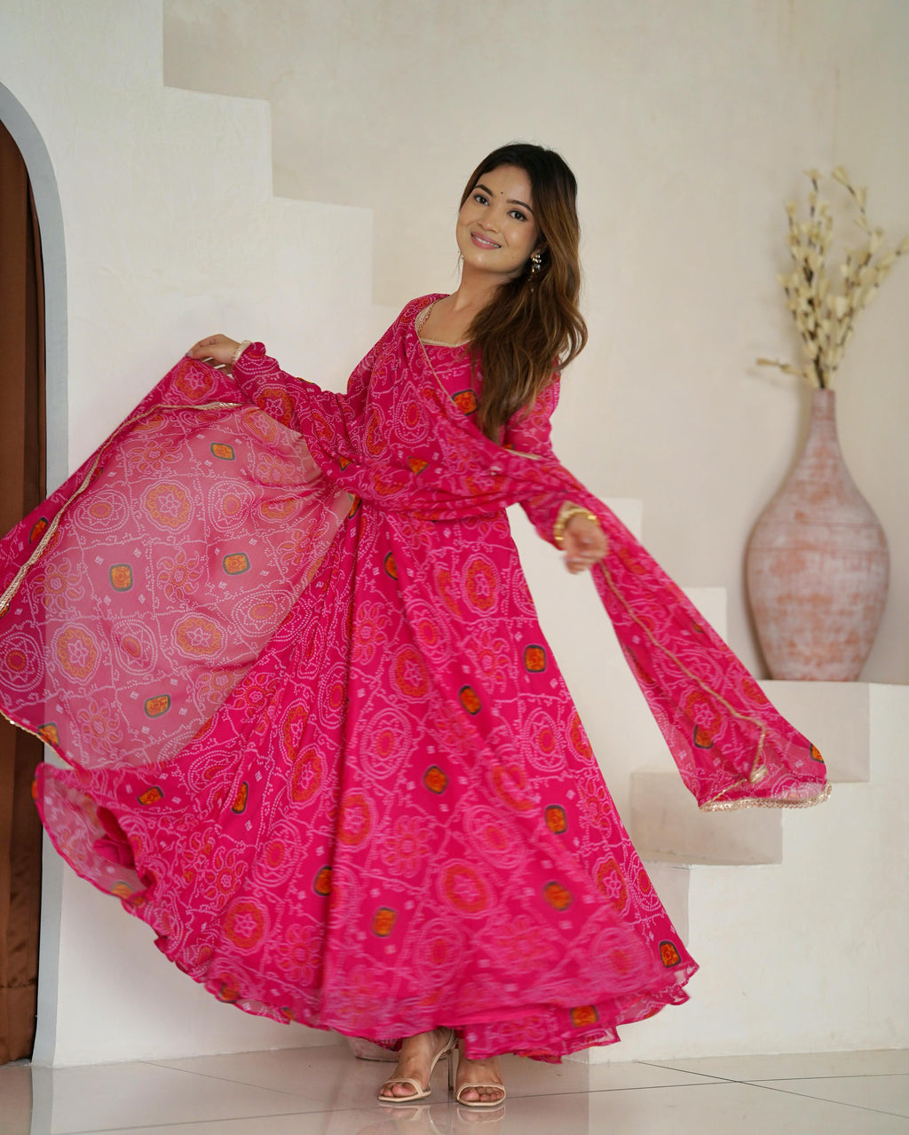 Pure Soft Chiffon Bandhej Anarkali Gown Set