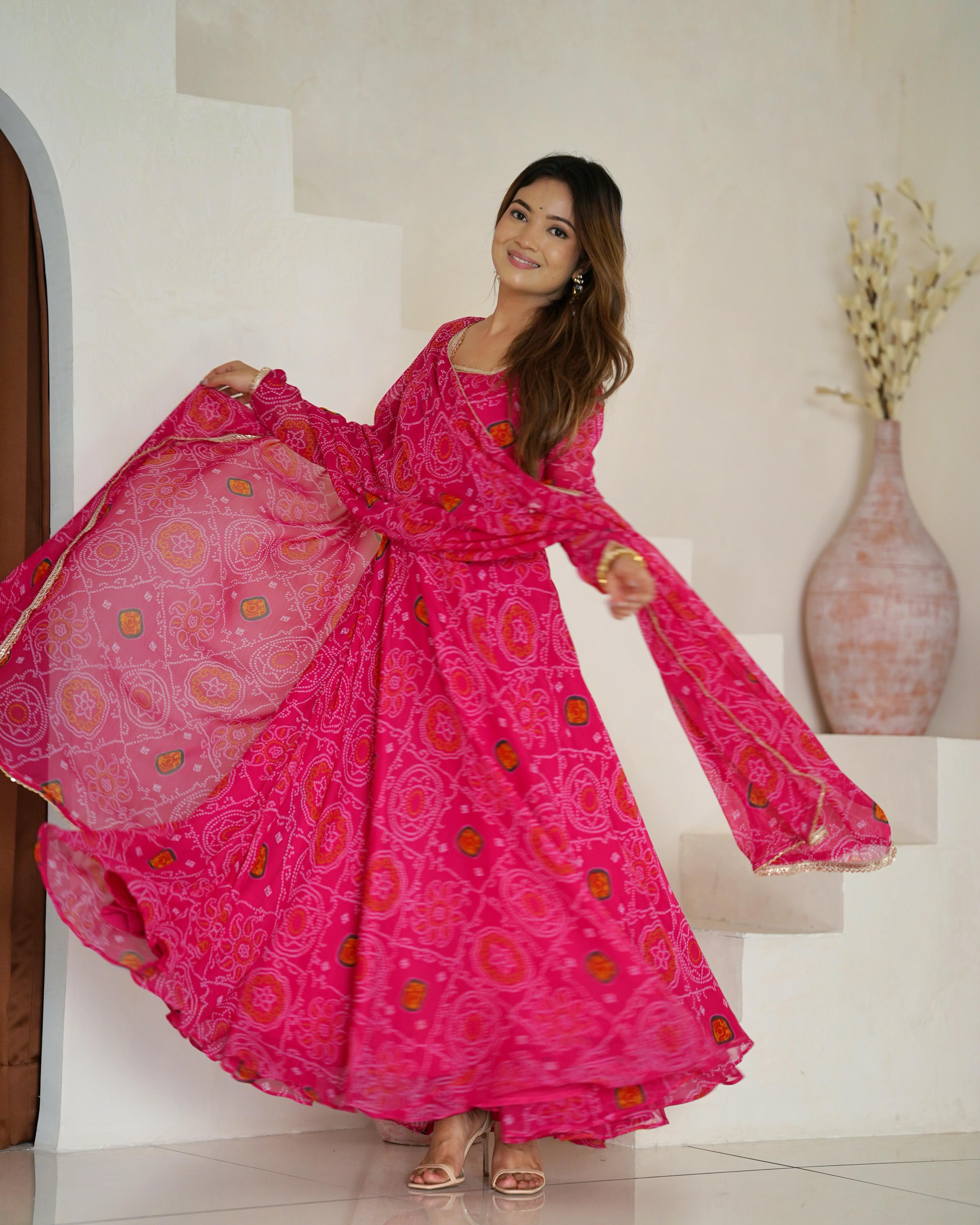 Pure Soft Chiffon Bandhej Anarkali Gown Set