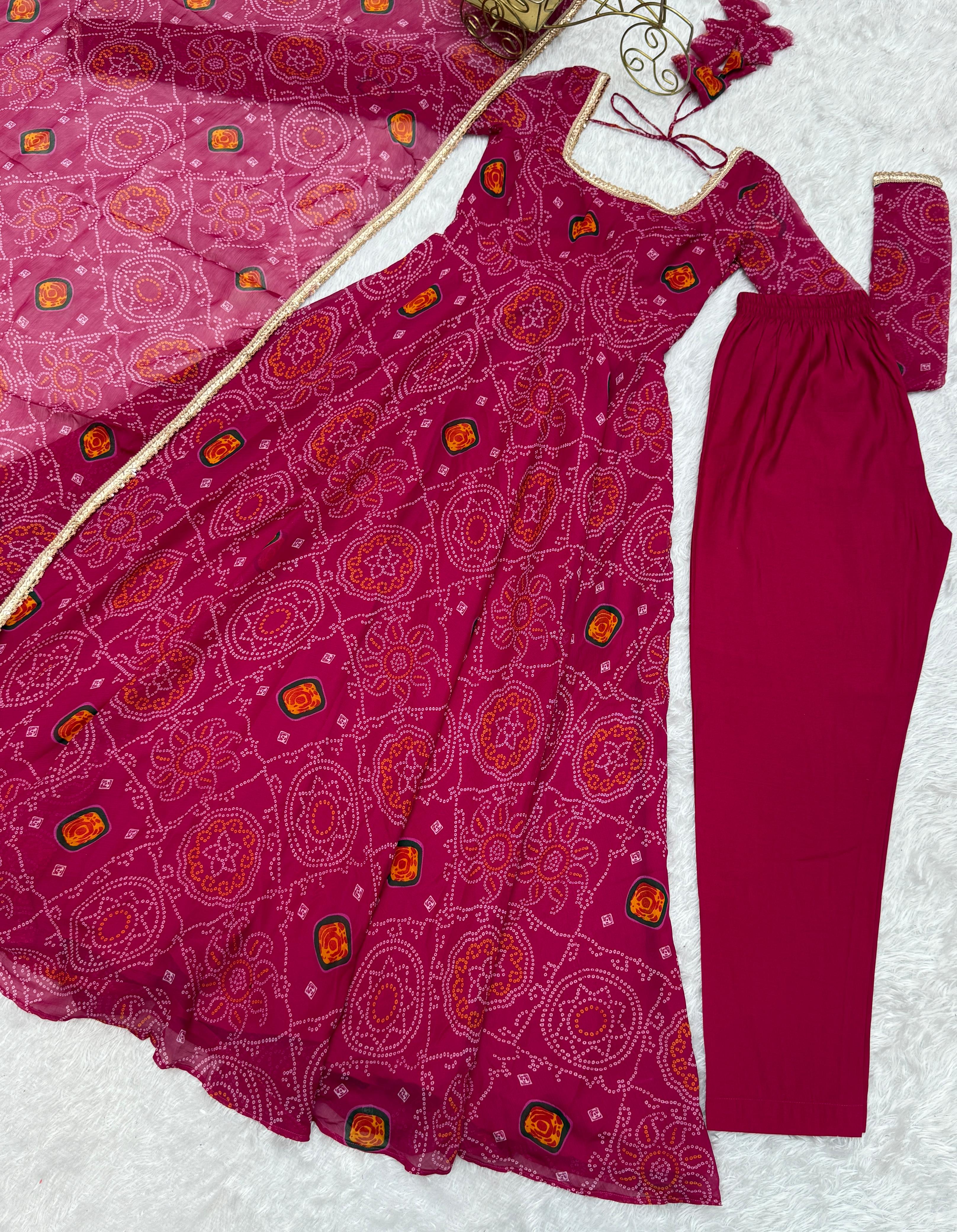 Pure Soft Chiffon Bandhej Anarkali Gown Set