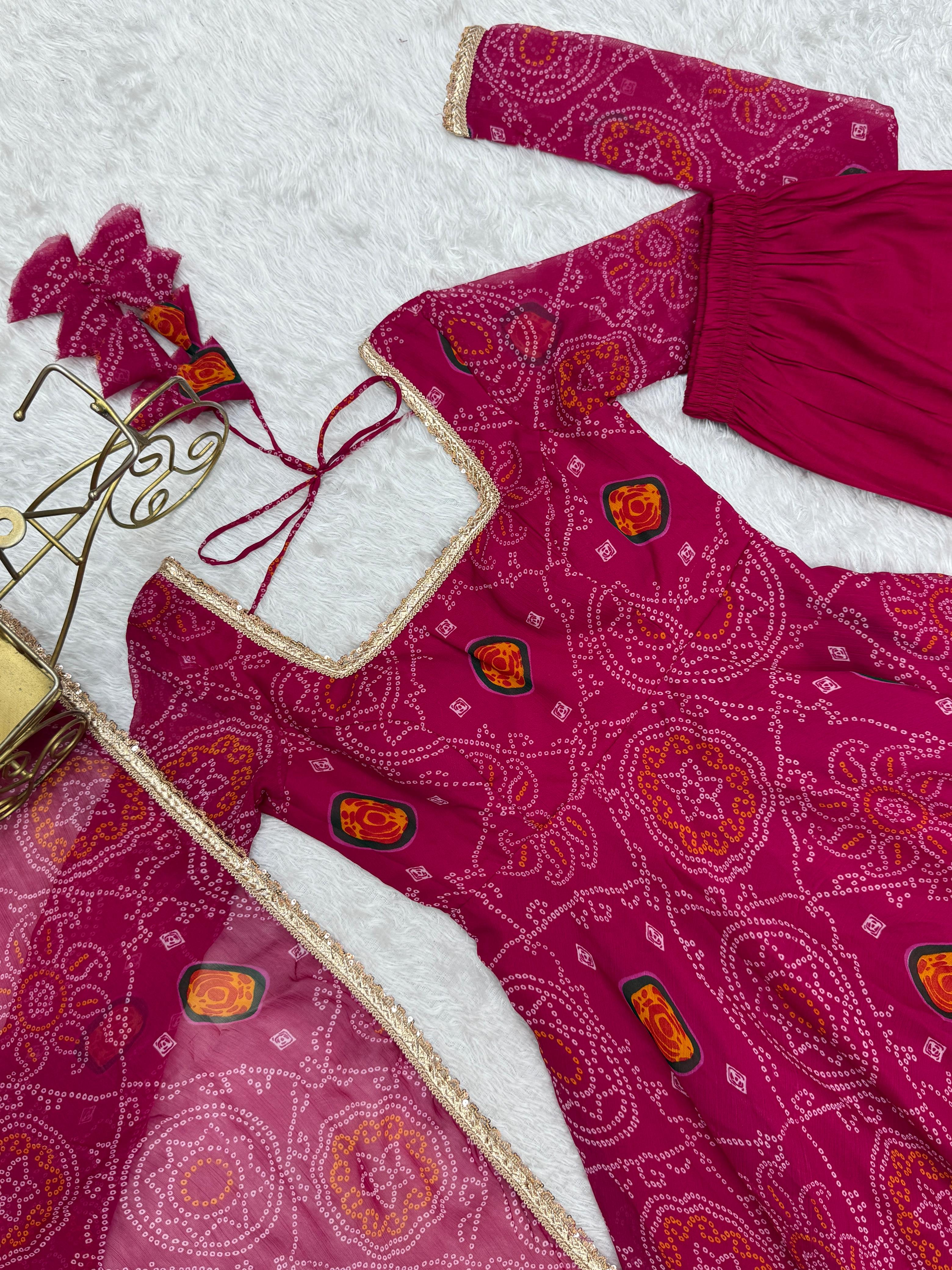 Pure Soft Chiffon Bandhej Anarkali Gown Set