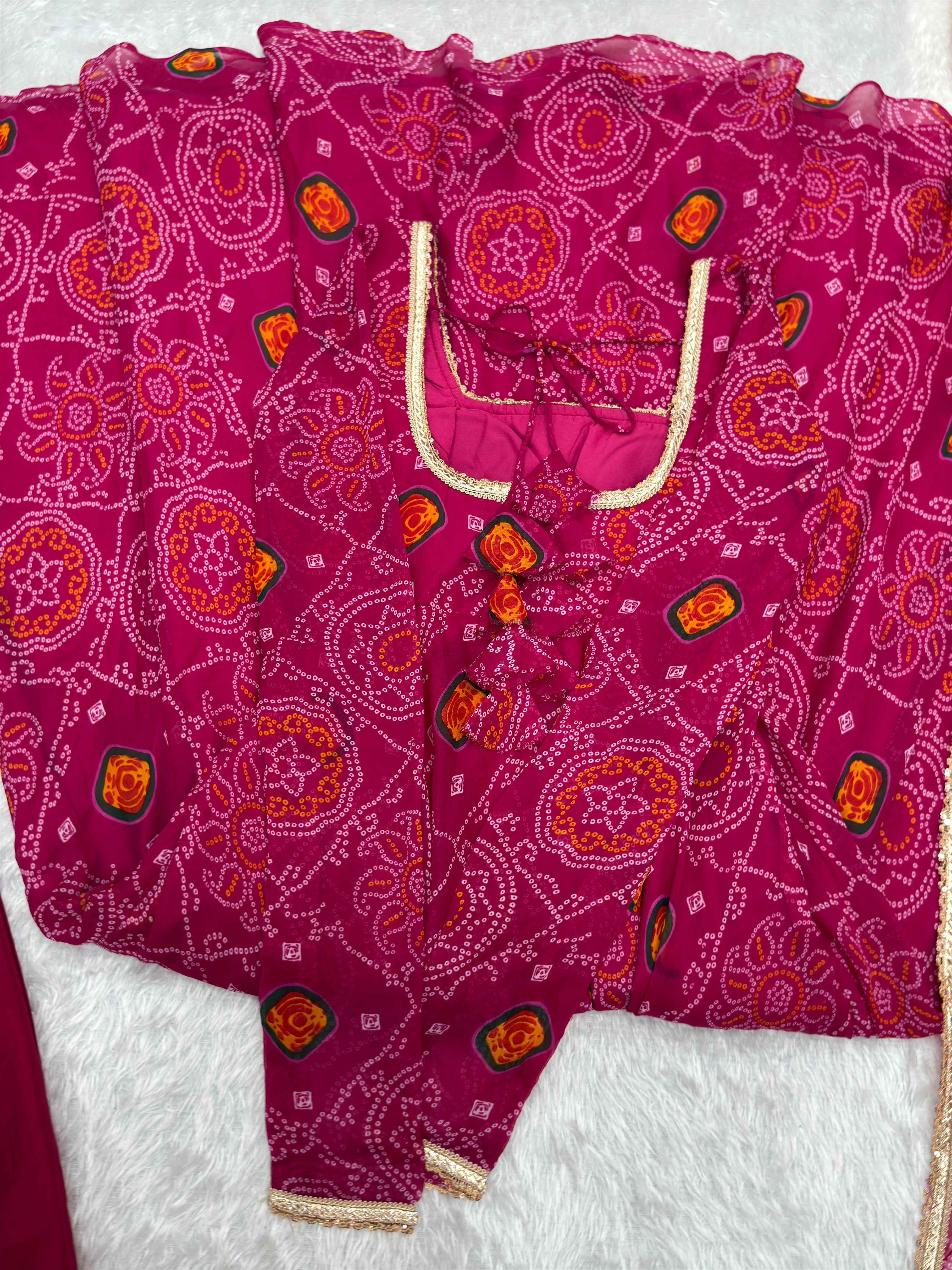 Pure Soft Chiffon Bandhej Anarkali Gown Set