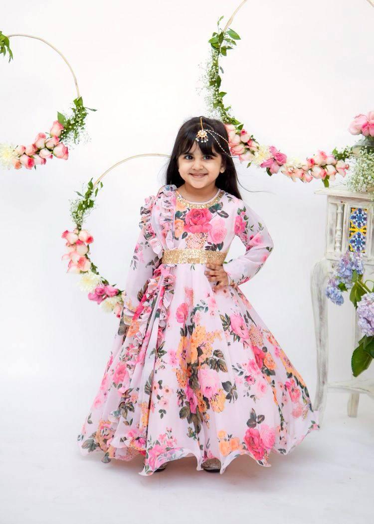 Pastel Peach Floral Printed Anarkali for Girls