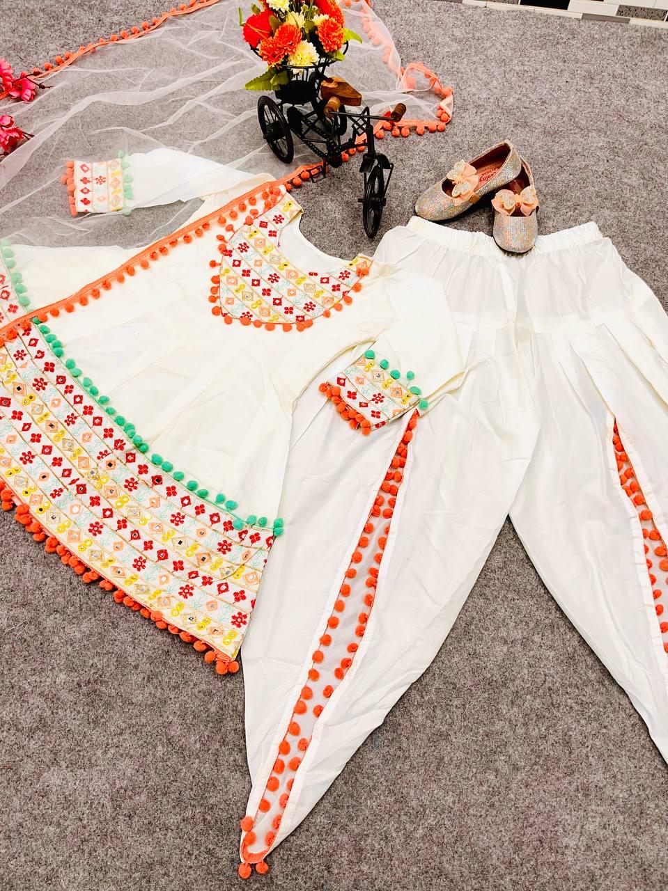 Cream White Punjabi Dhoti Suit for Girls