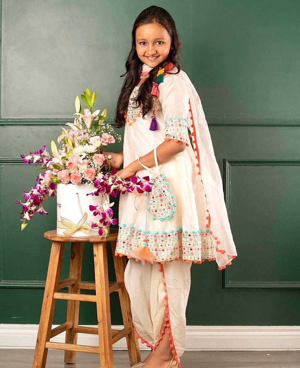 Cream White Punjabi Dhoti Suit for Girls