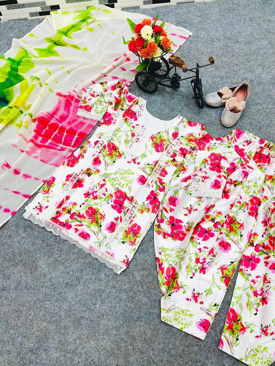 White Japan Satin with Digital Printed Kids Wear