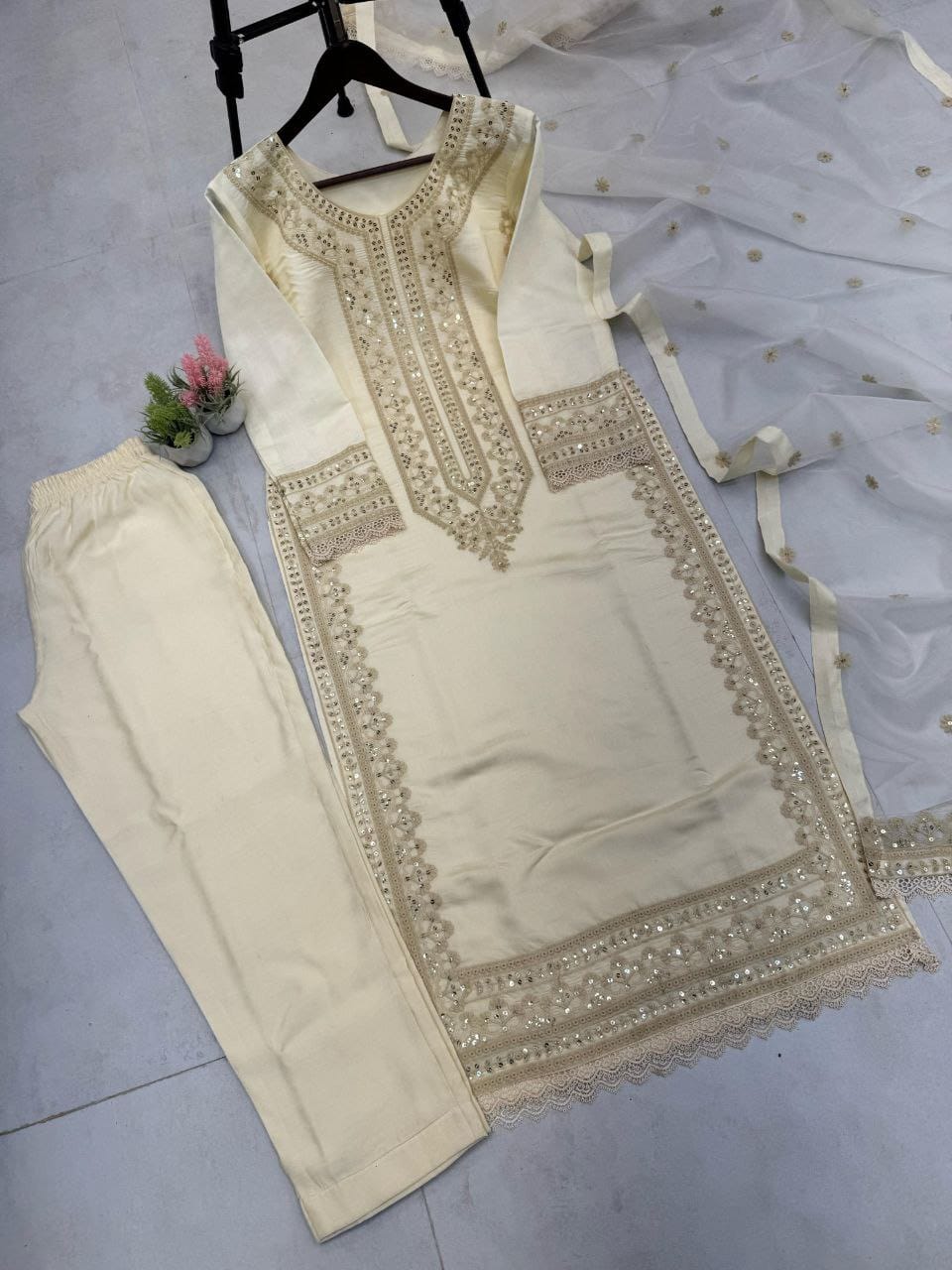 Fancy Roman Silk Sequin Embroidered Cotton Work Suit