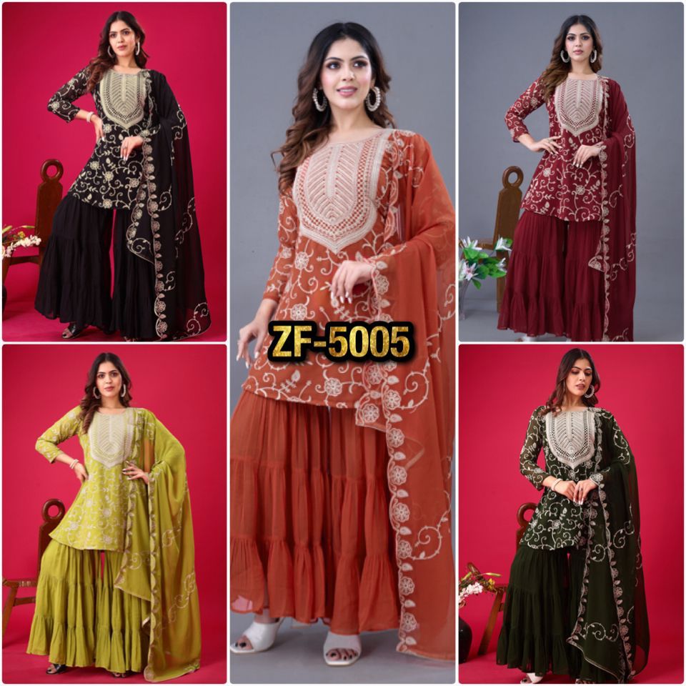 Regal Elegance: Georgette Embroidery Top Sharara Plazzo Dupatta Set