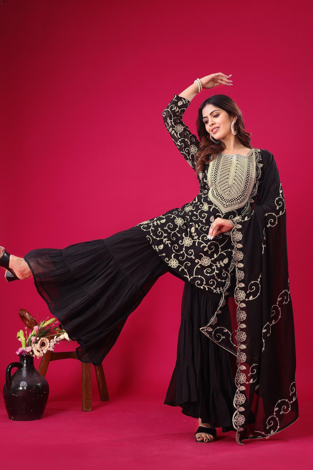 Regal Elegance: Georgette Embroidery Top Sharara Plazzo Dupatta Set