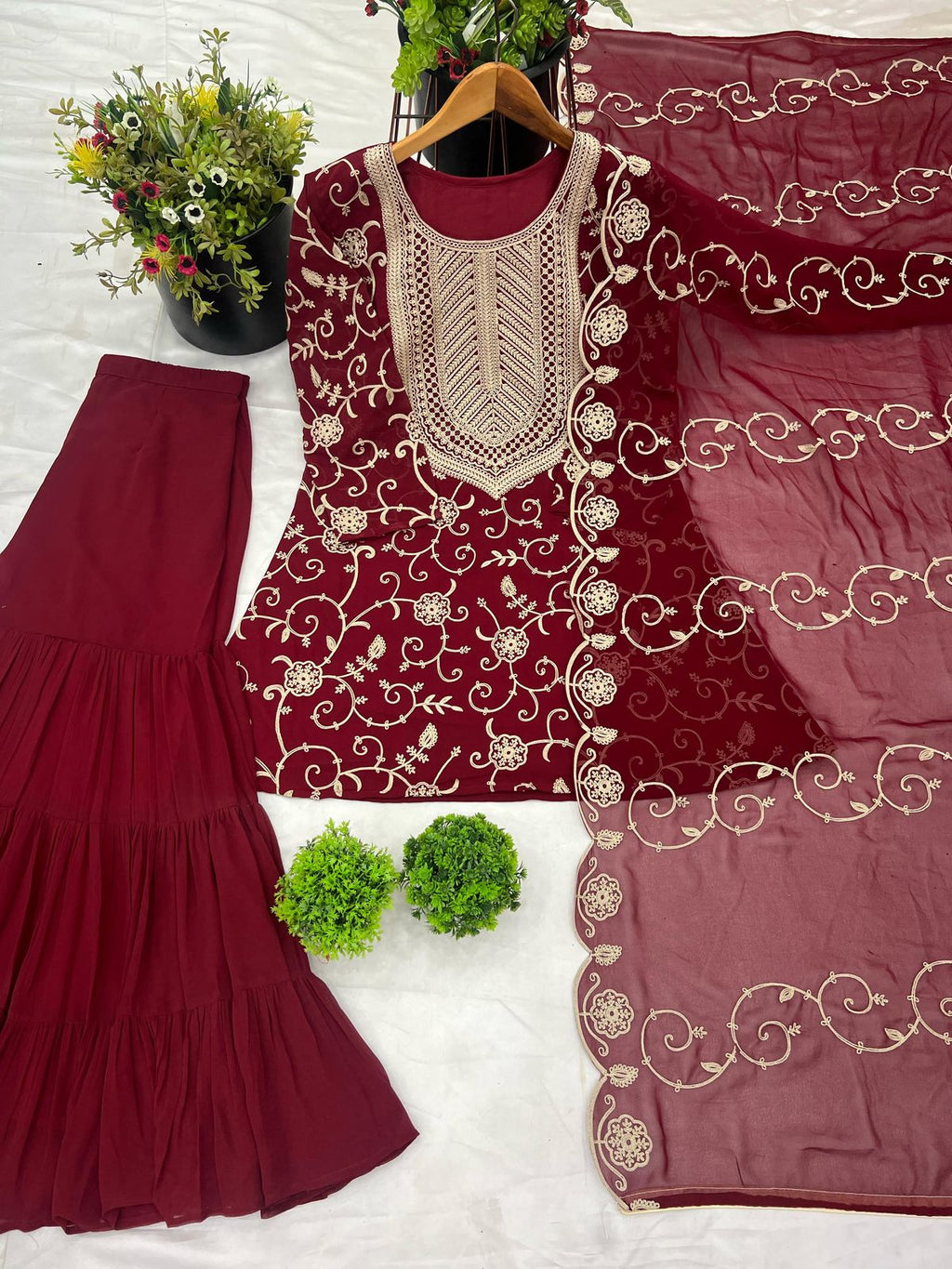 Regal Elegance: Georgette Embroidery Top Sharara Plazzo Dupatta Set