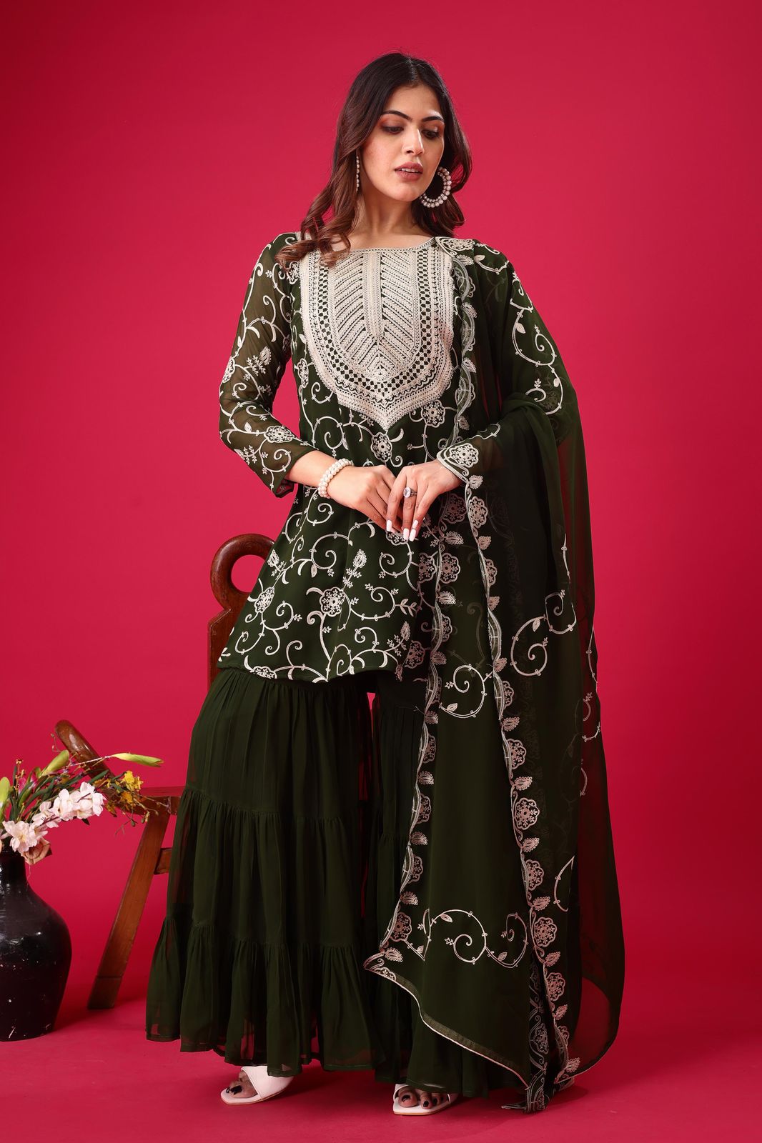 Regal Elegance: Georgette Embroidery Top Sharara Plazzo Dupatta Set