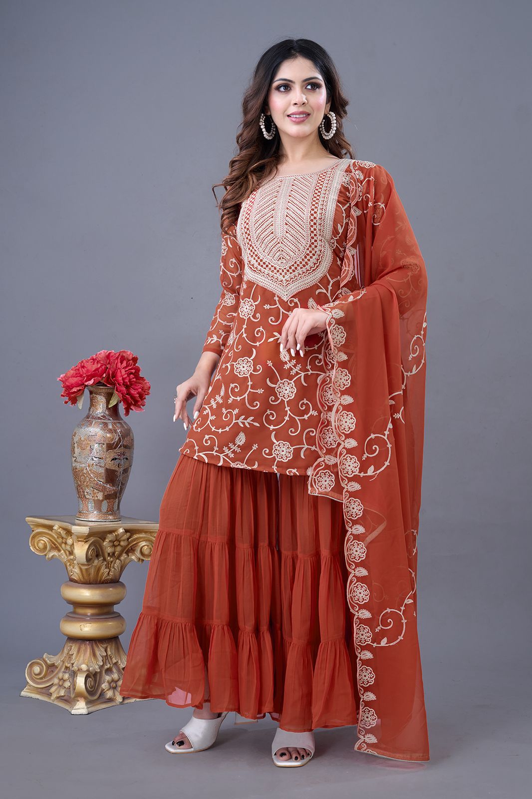 Regal Elegance: Georgette Embroidery Top Sharara Plazzo Dupatta Set