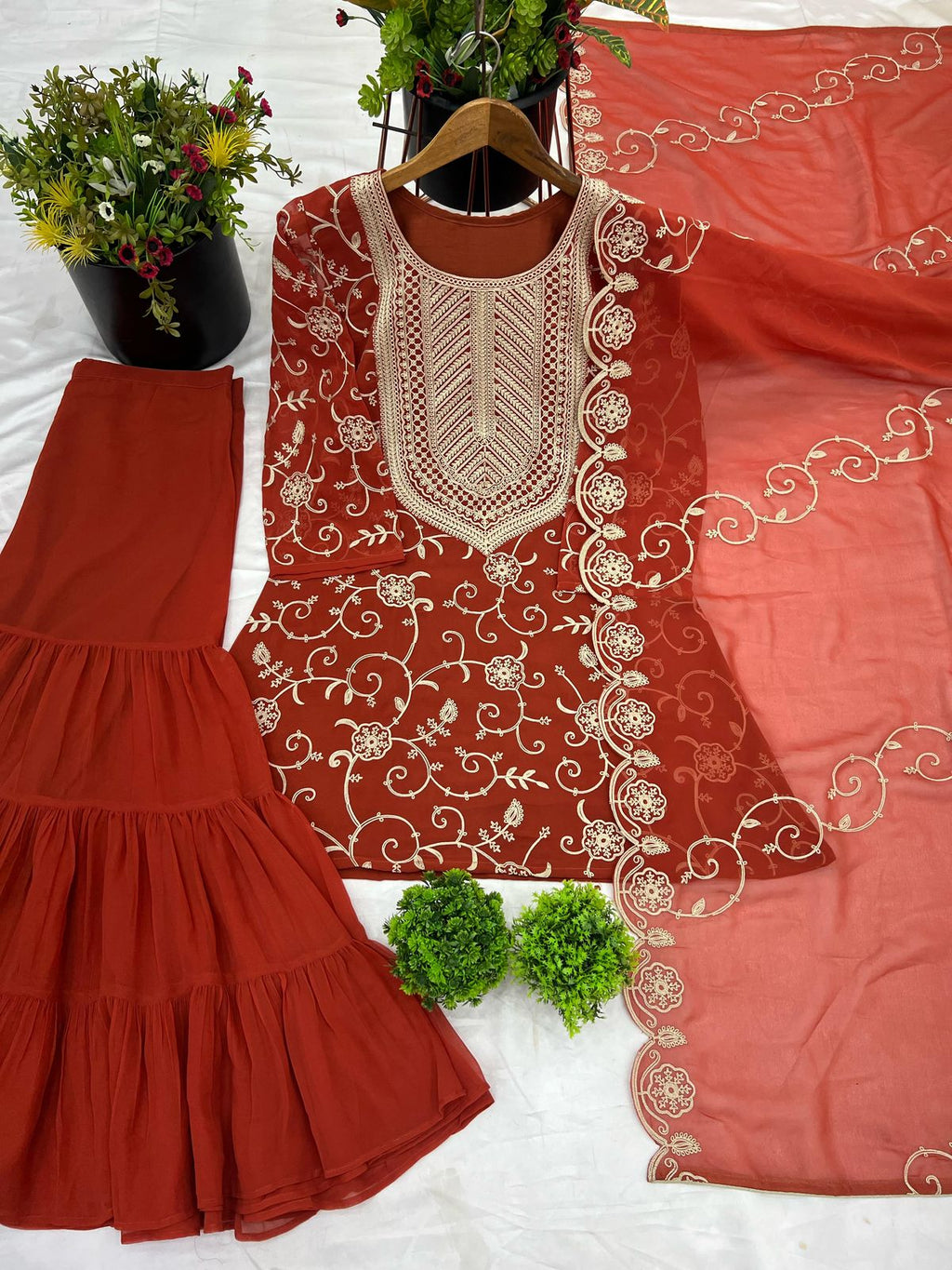 Regal Elegance: Georgette Embroidery Top Sharara Plazzo Dupatta Set
