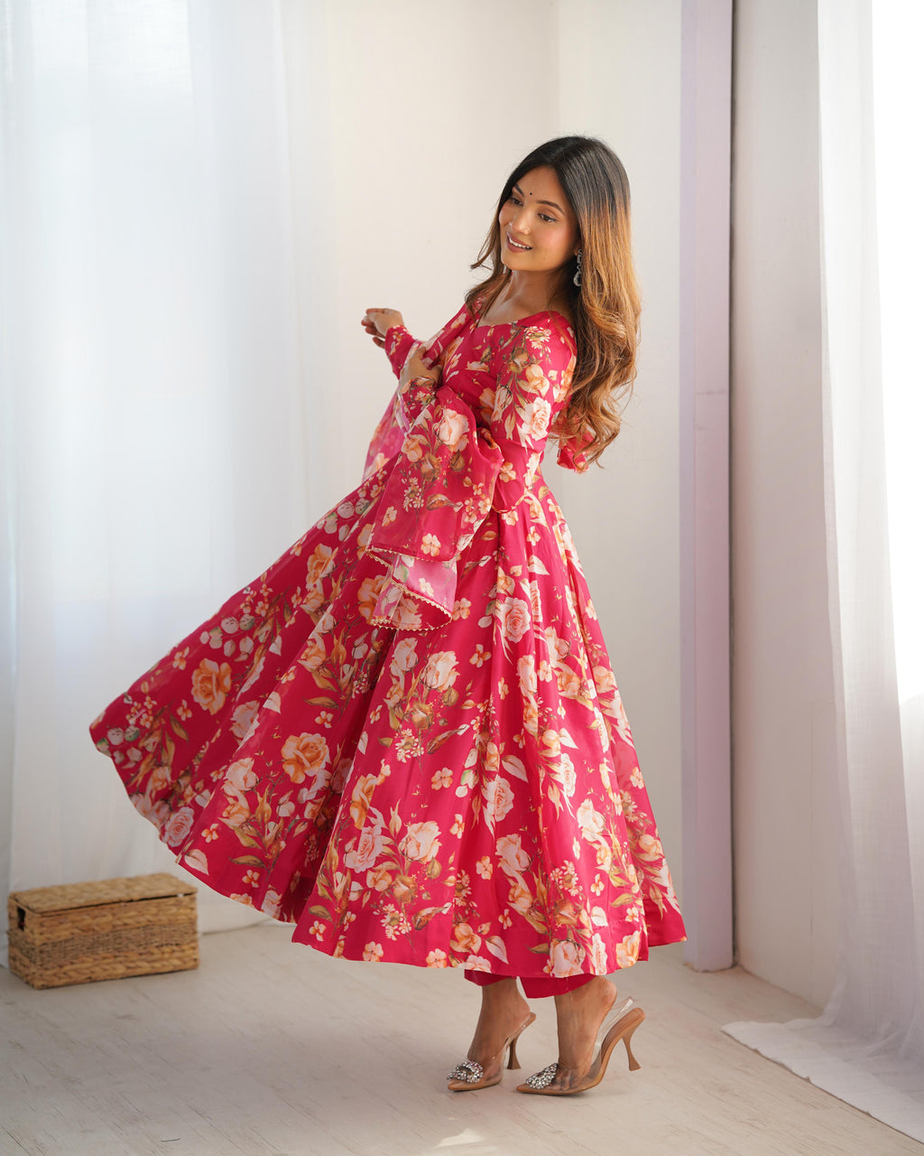 Printed Organza Anarkali with Gota Dupatta