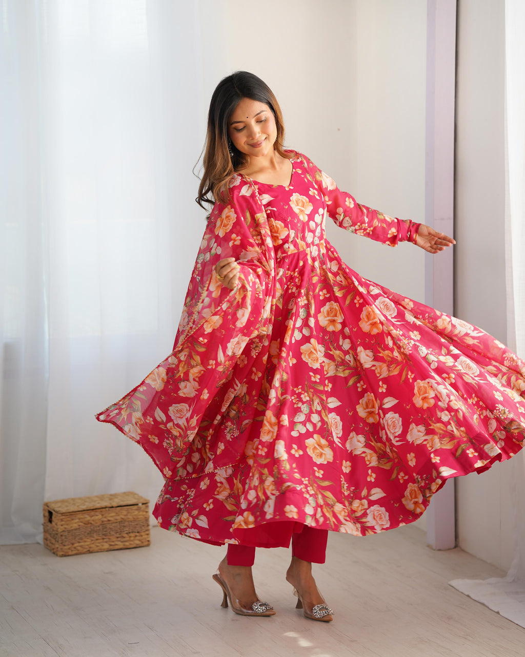 Printed Organza Anarkali with Gota Dupatta