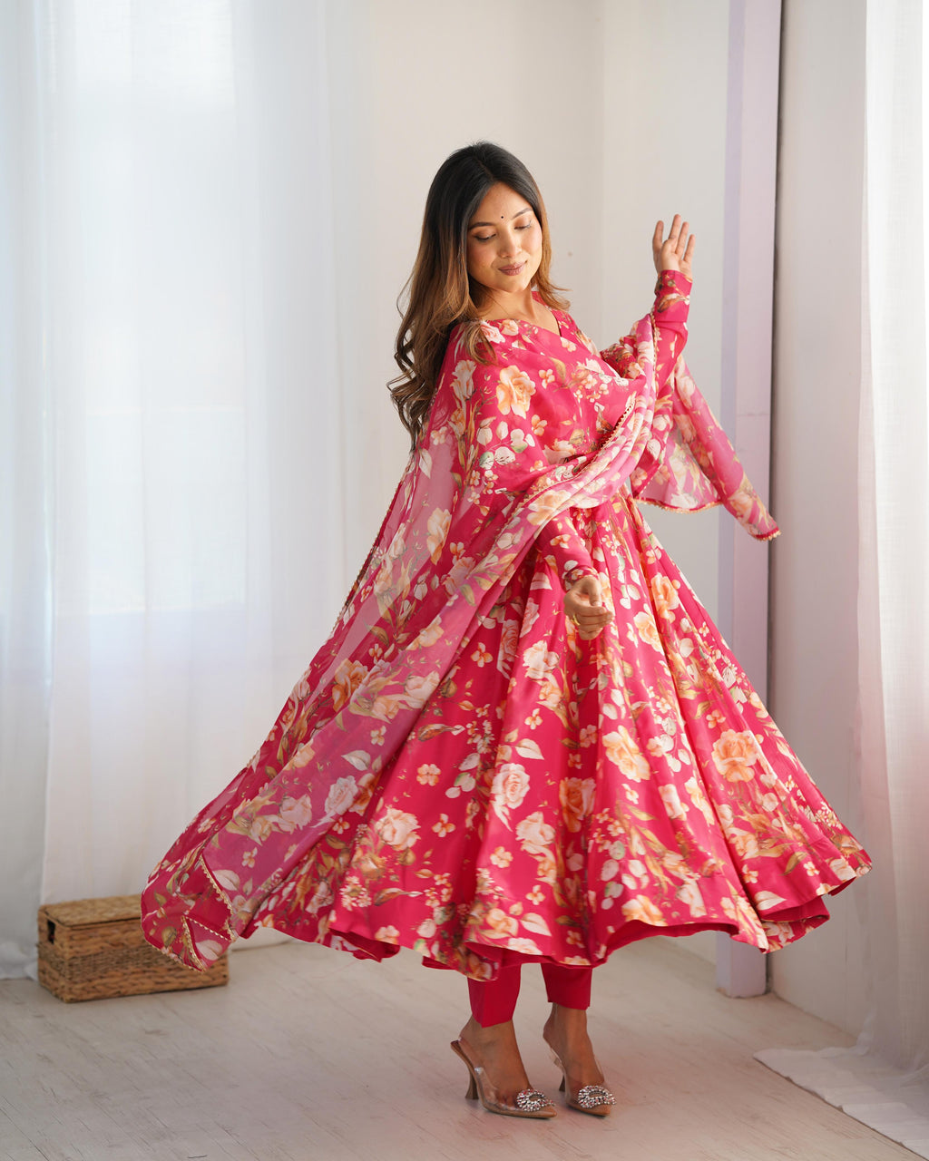 Printed Organza Anarkali with Gota Dupatta