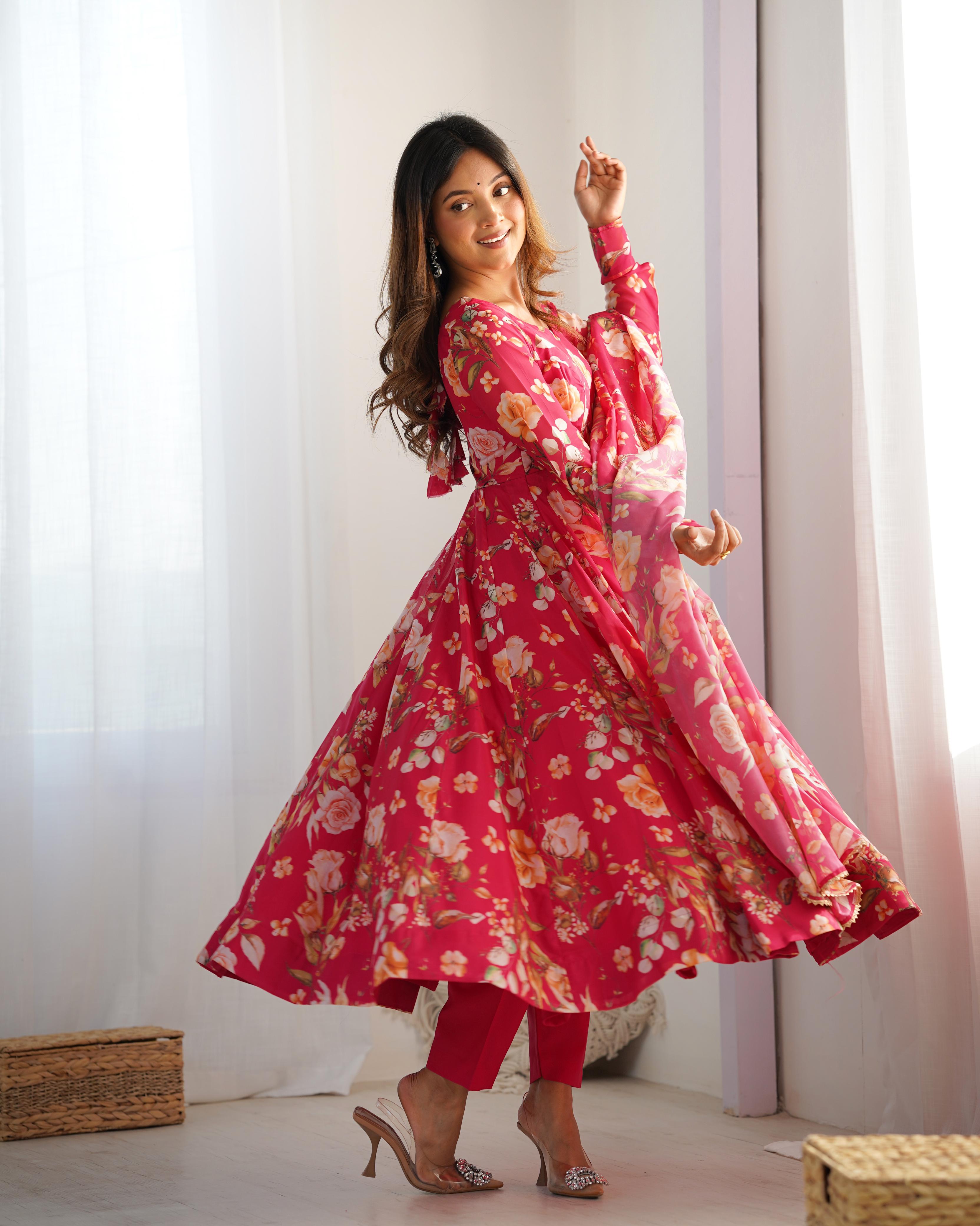 Printed Organza Anarkali with Gota Dupatta