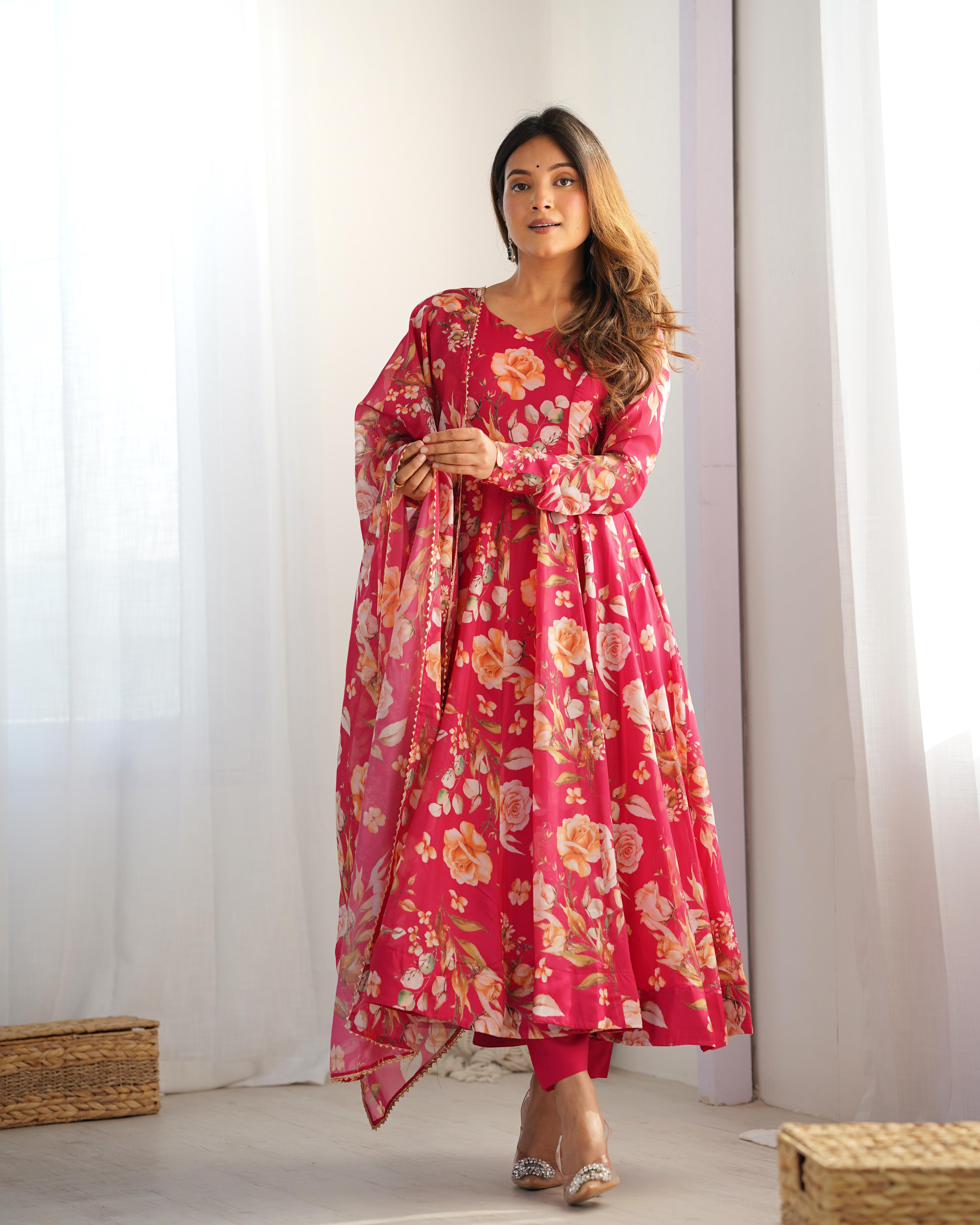 Printed Organza Anarkali with Gota Dupatta