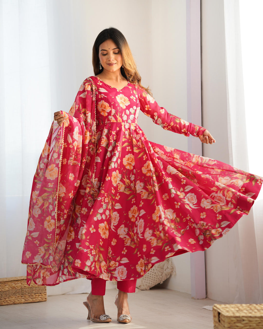 Printed Organza Anarkali with Gota Dupatta