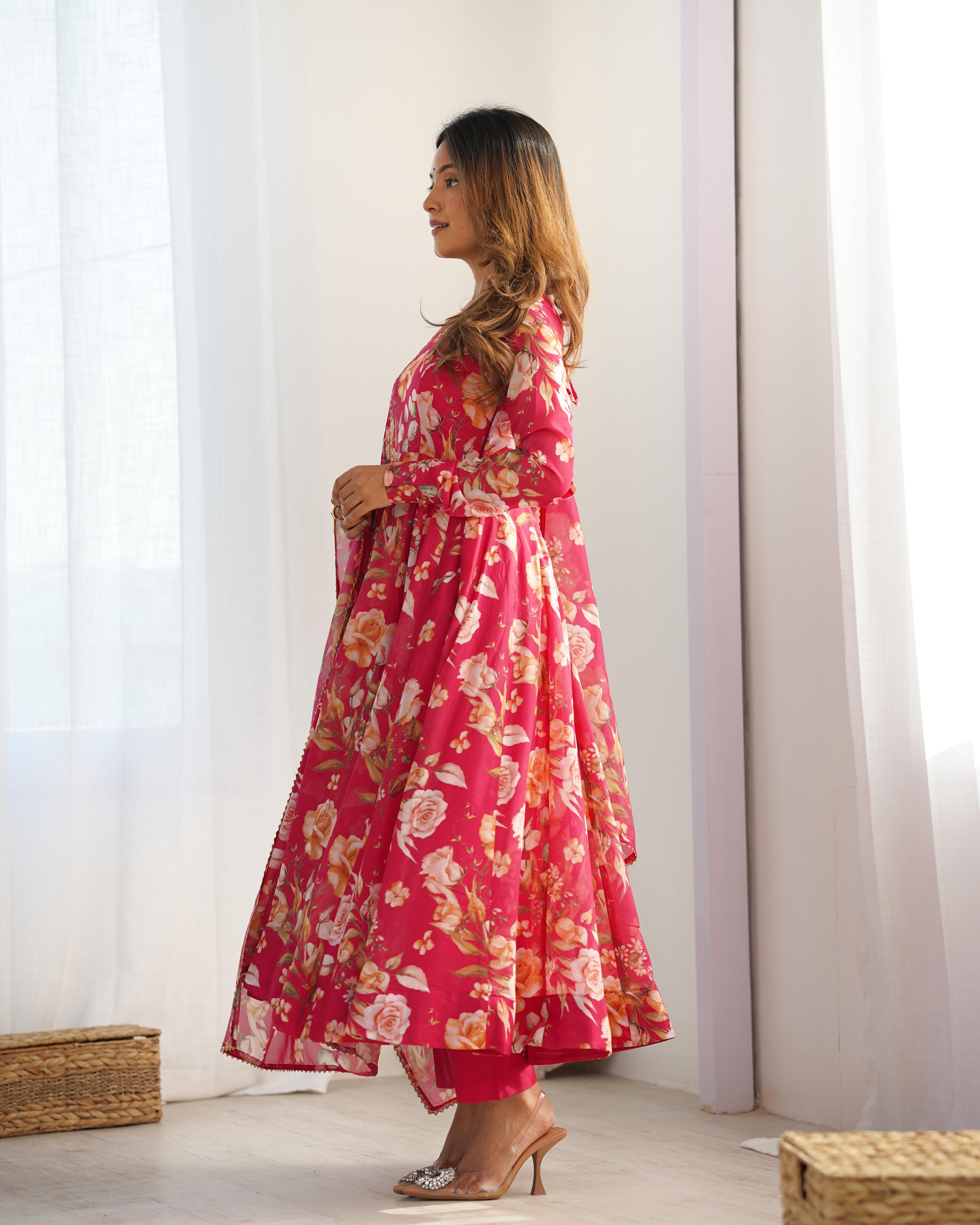 Printed Organza Anarkali with Gota Dupatta