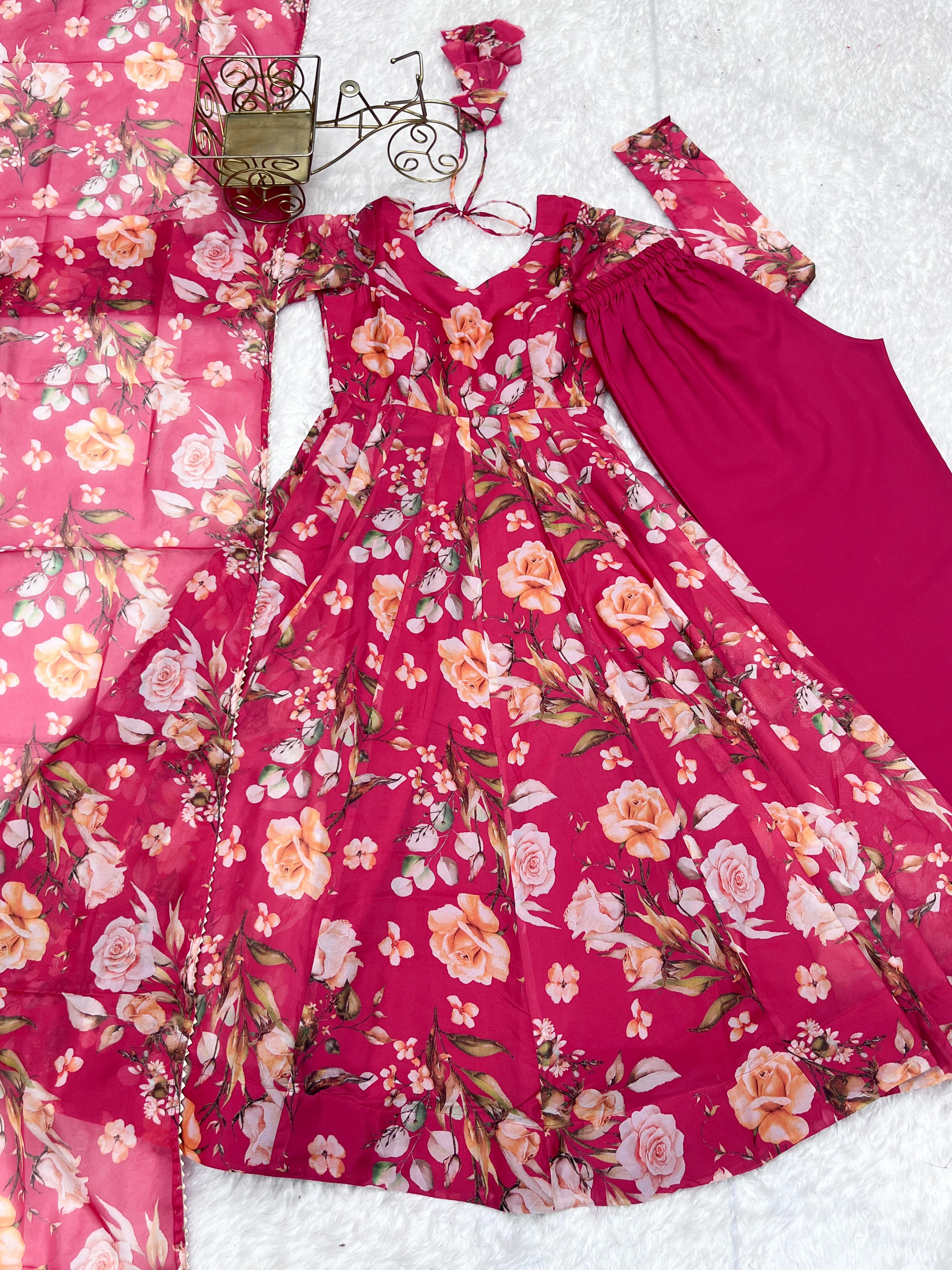 Printed Organza Anarkali with Gota Dupatta