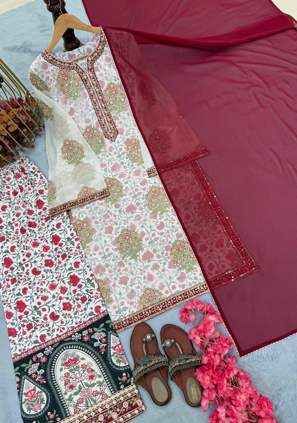 Embroidered Georgette Top with Crepe Palazzo