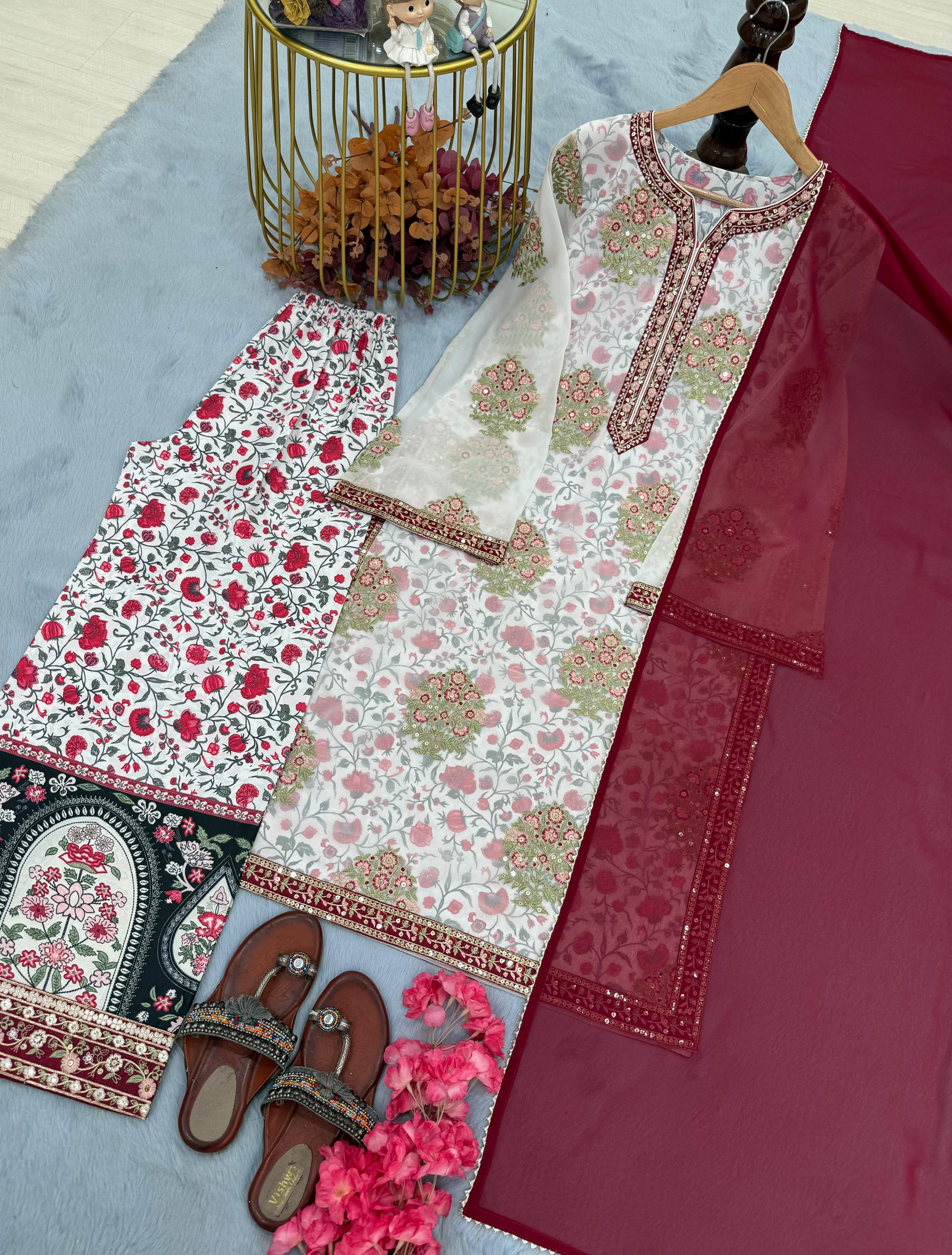 Embroidered Georgette Top with Crepe Palazzo