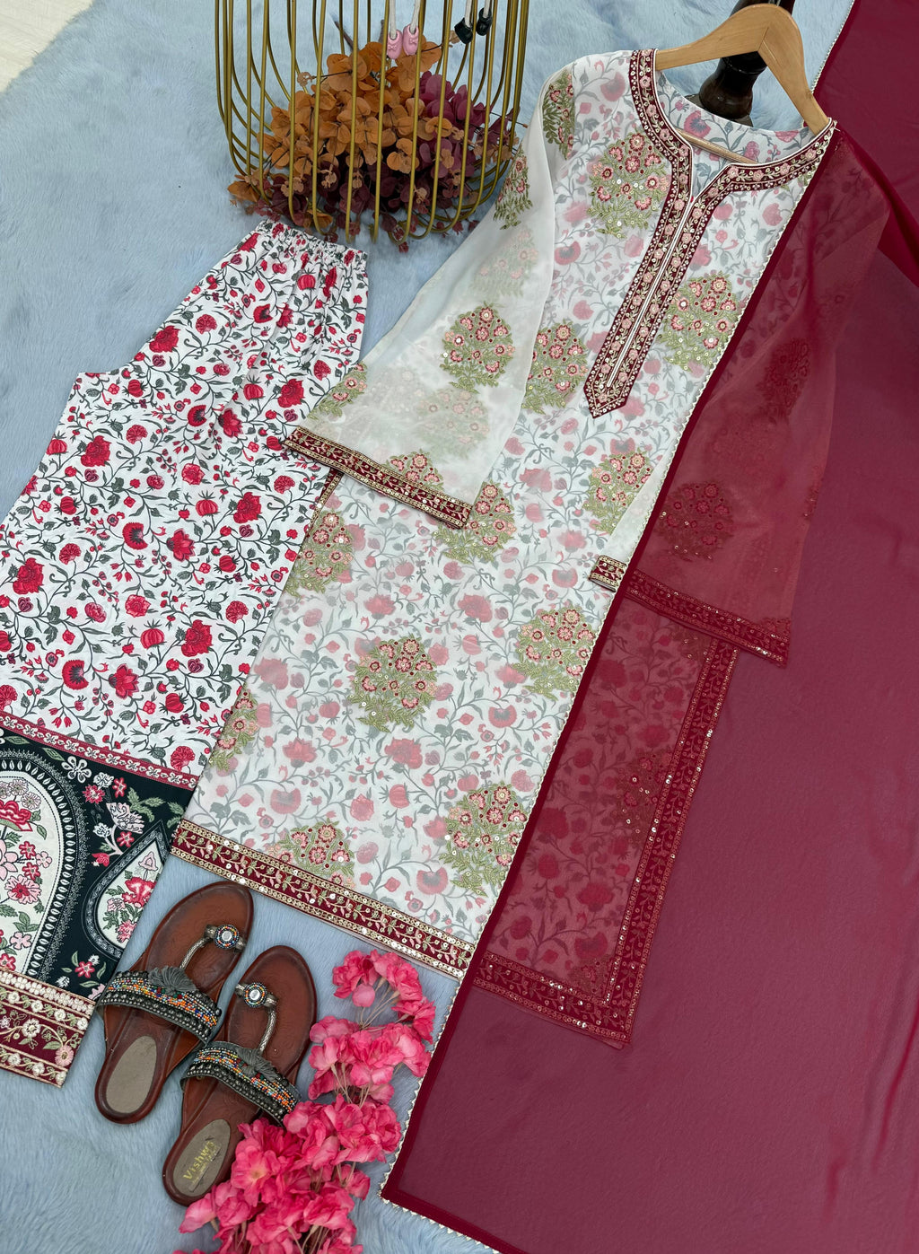 Embroidered Georgette Top with Crepe Palazzo