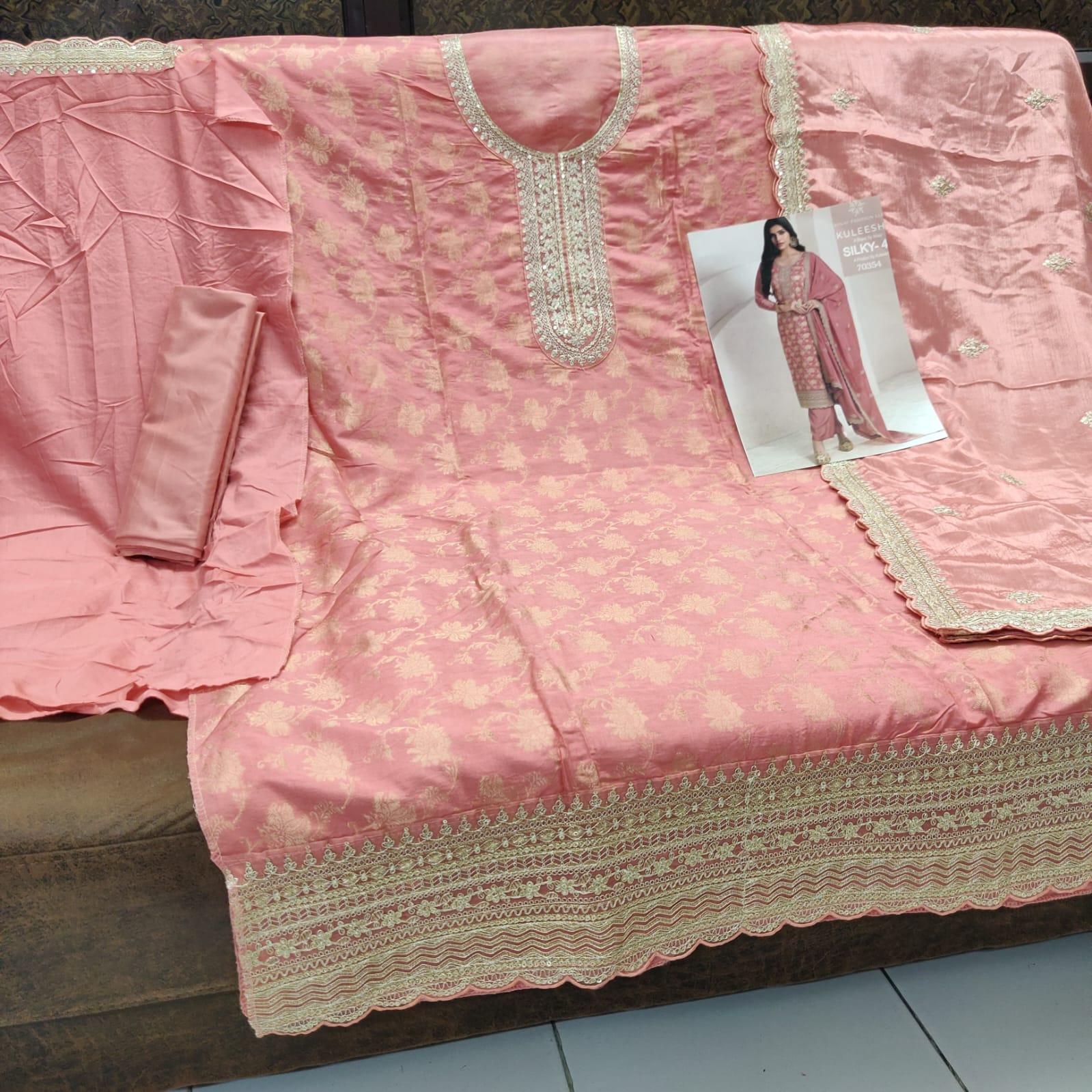 Premium Jacquard Silk Ensemble with Chinon Dupatta