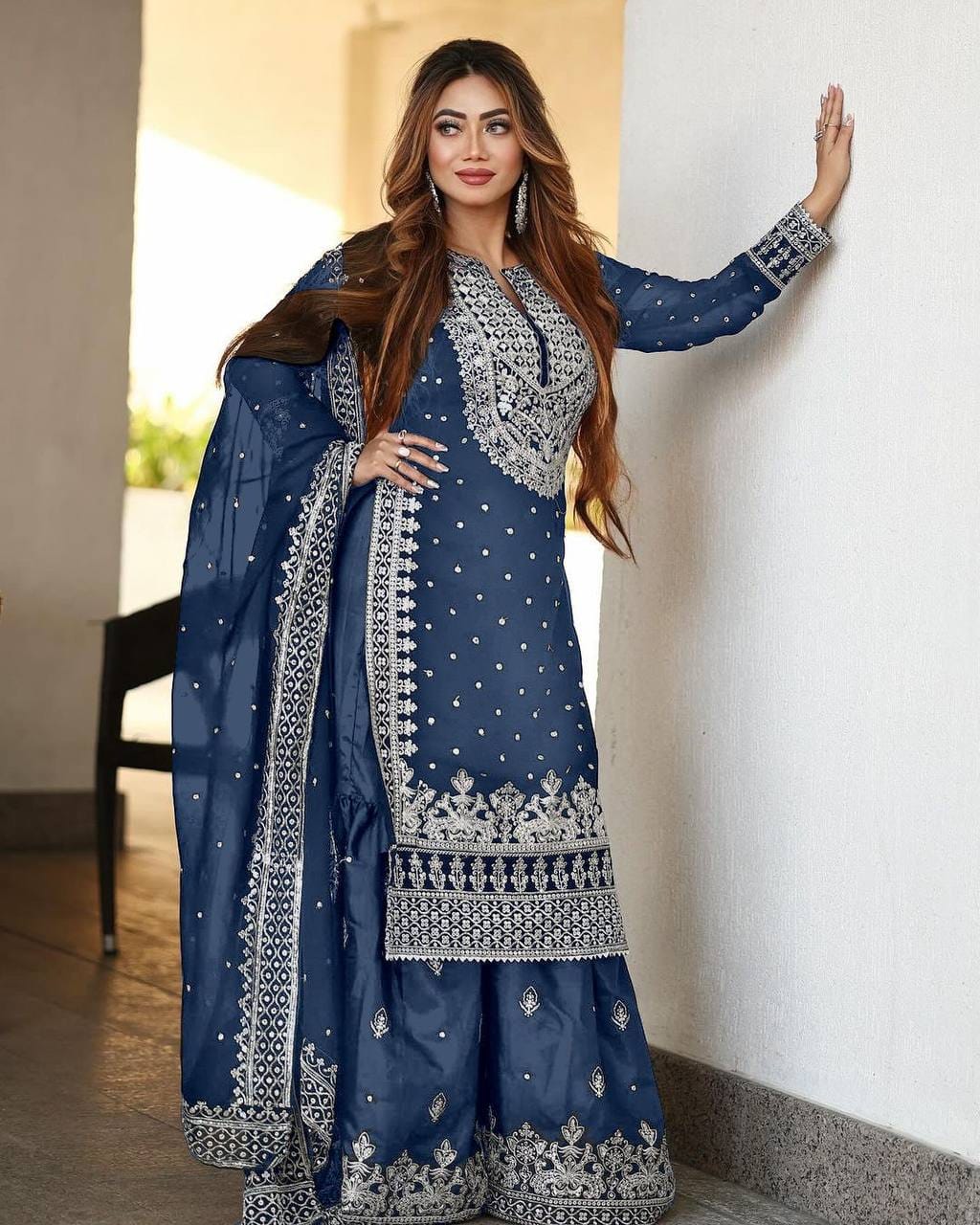 Heavy Embroidery Sequence Work Top-Gharara And Dupatta Set