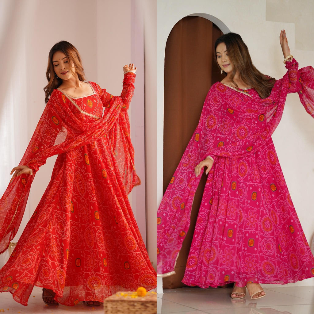Pure Soft Chiffon Bandhej Anarkali Gown Set