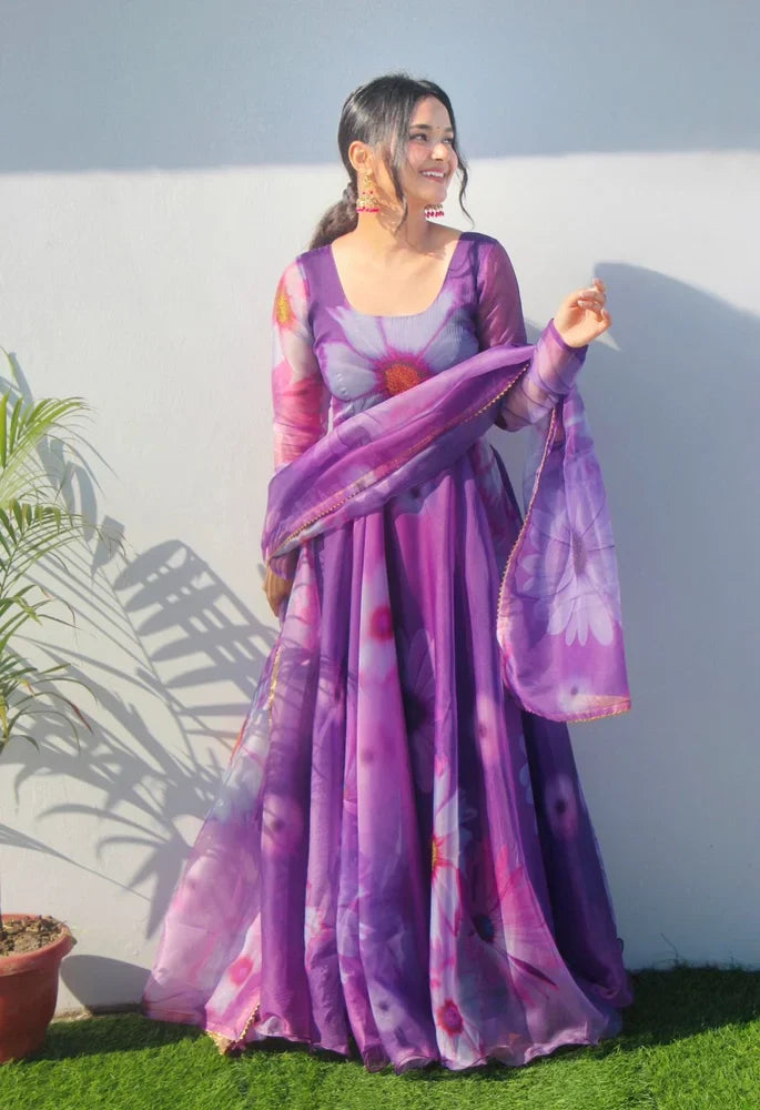 Elegant Party Wear Organza Taby Silk Gown with Dupatta