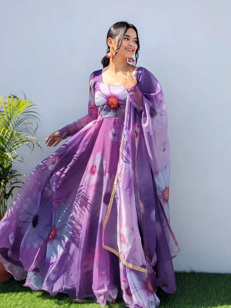 Elegant Party Wear Organza Taby Silk Gown with Dupatta