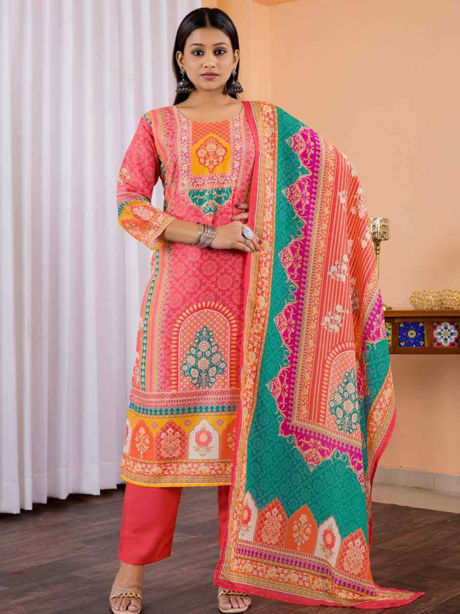 Floral Embroidered Regular Maslin Fabric Suit