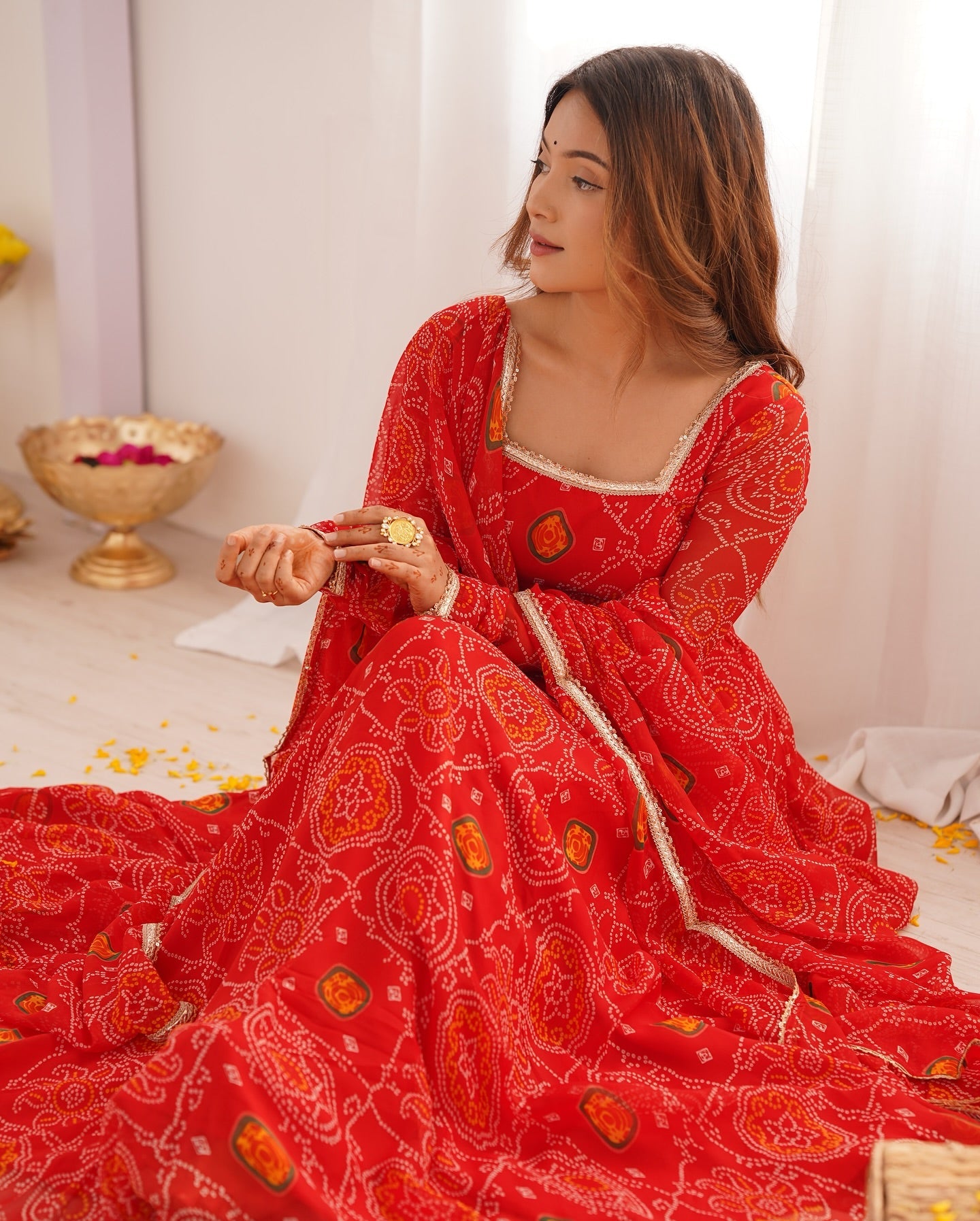 Pure Soft Chiffon Bandhej Anarkali Gown Set